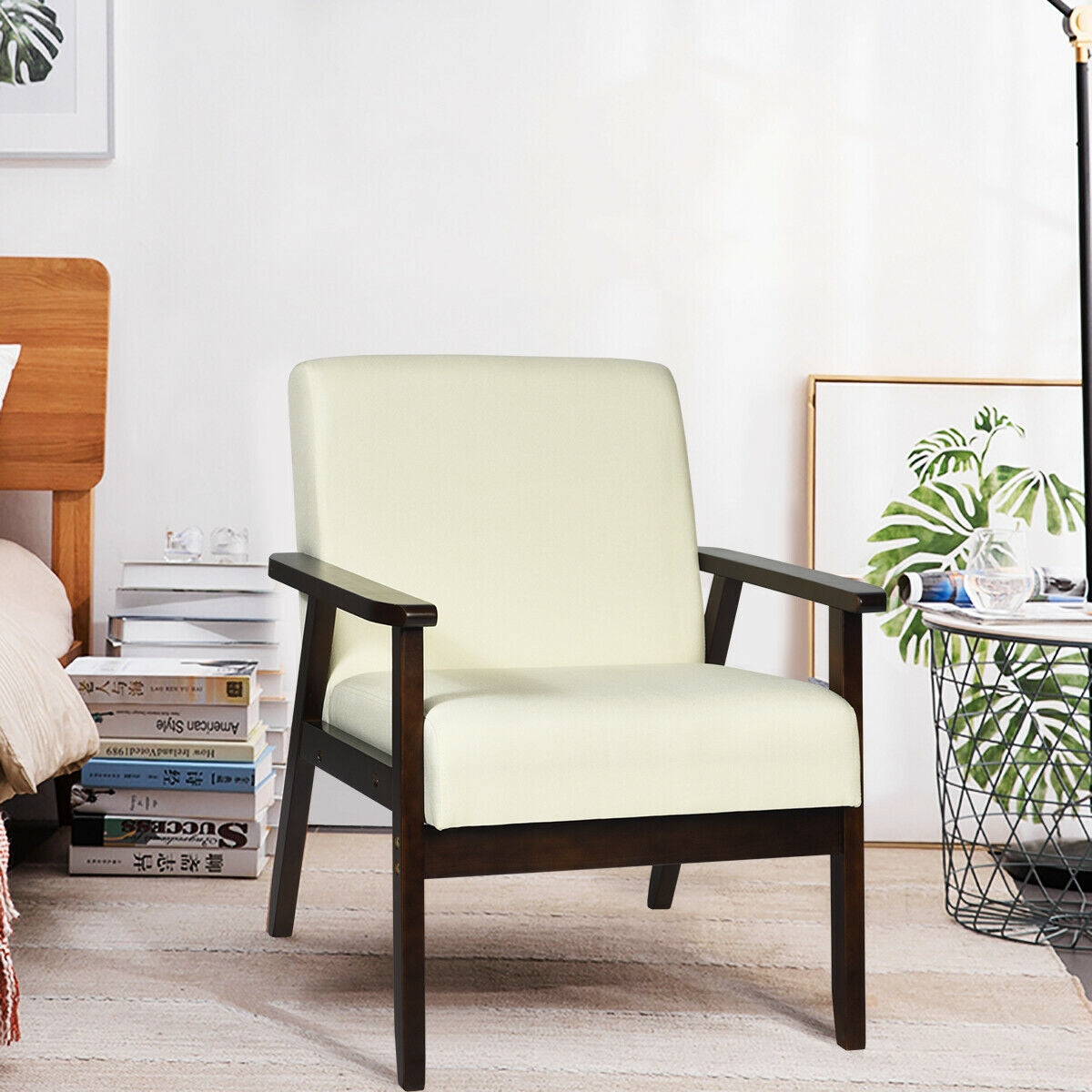 Solid Rubber Wood Fabric Accent Armchair-BeigeÂ