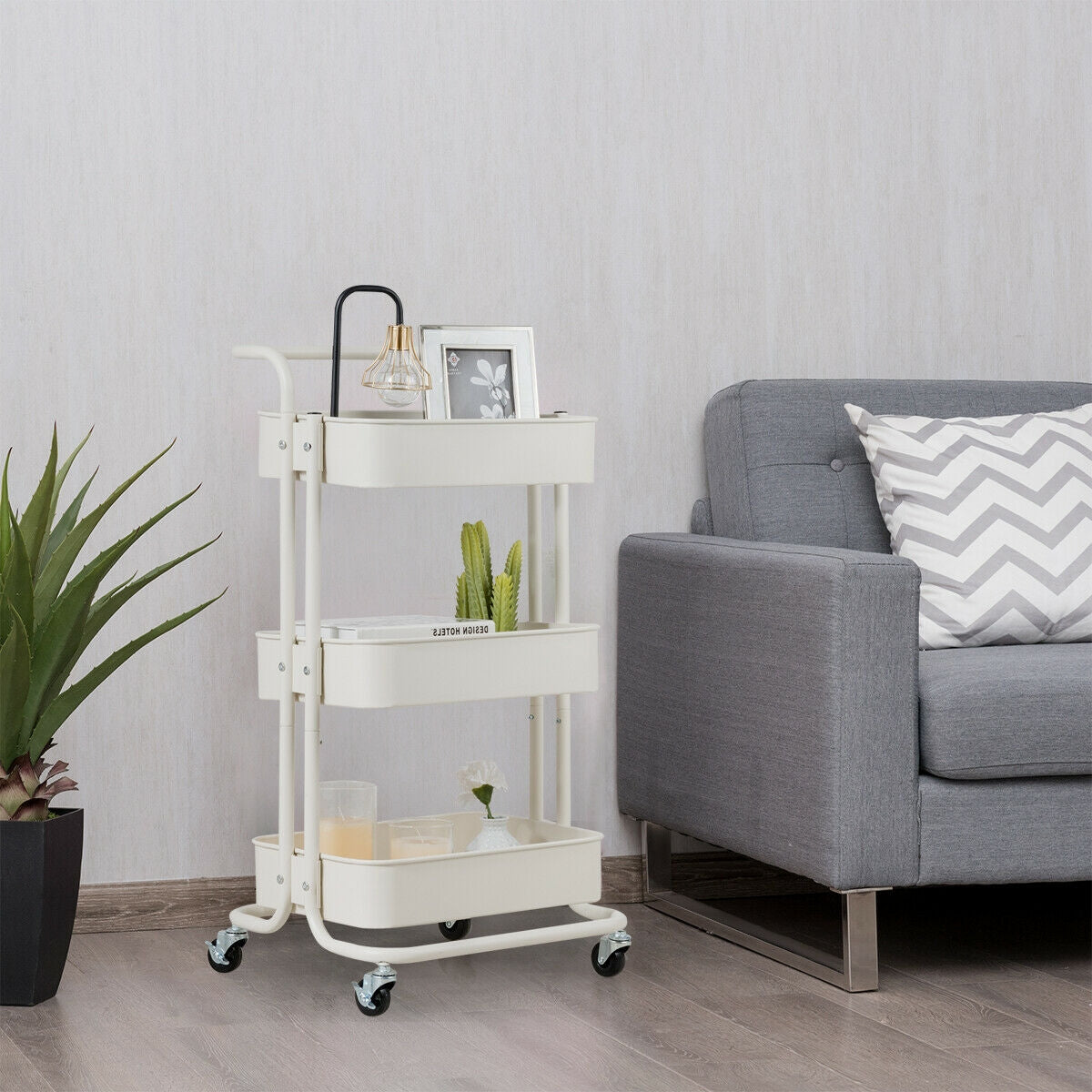 3-Tier Metal Rolling Storage Cart Trolley 2 Brakes with Handle-WhiteÂ