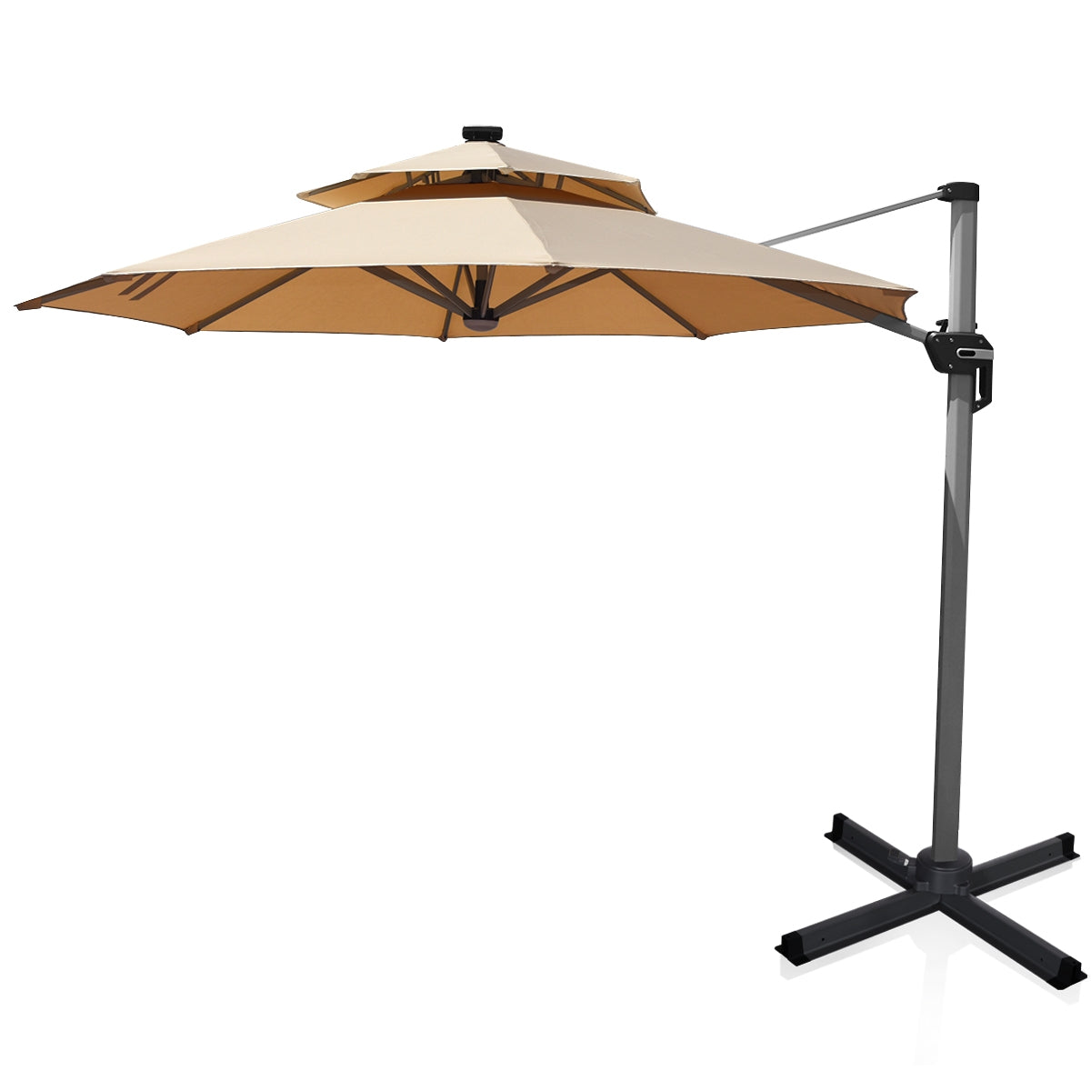 10 Feet 360° Rotation Aluminum Solar LED Patio Cantilever Umbrella without Weight Base-BeigeÂ