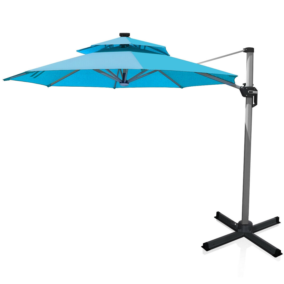 10 Feet 360° Rotation Aluminum Solar LED Patio Cantilever Umbrella without Weight Base-TurquoiseÂ