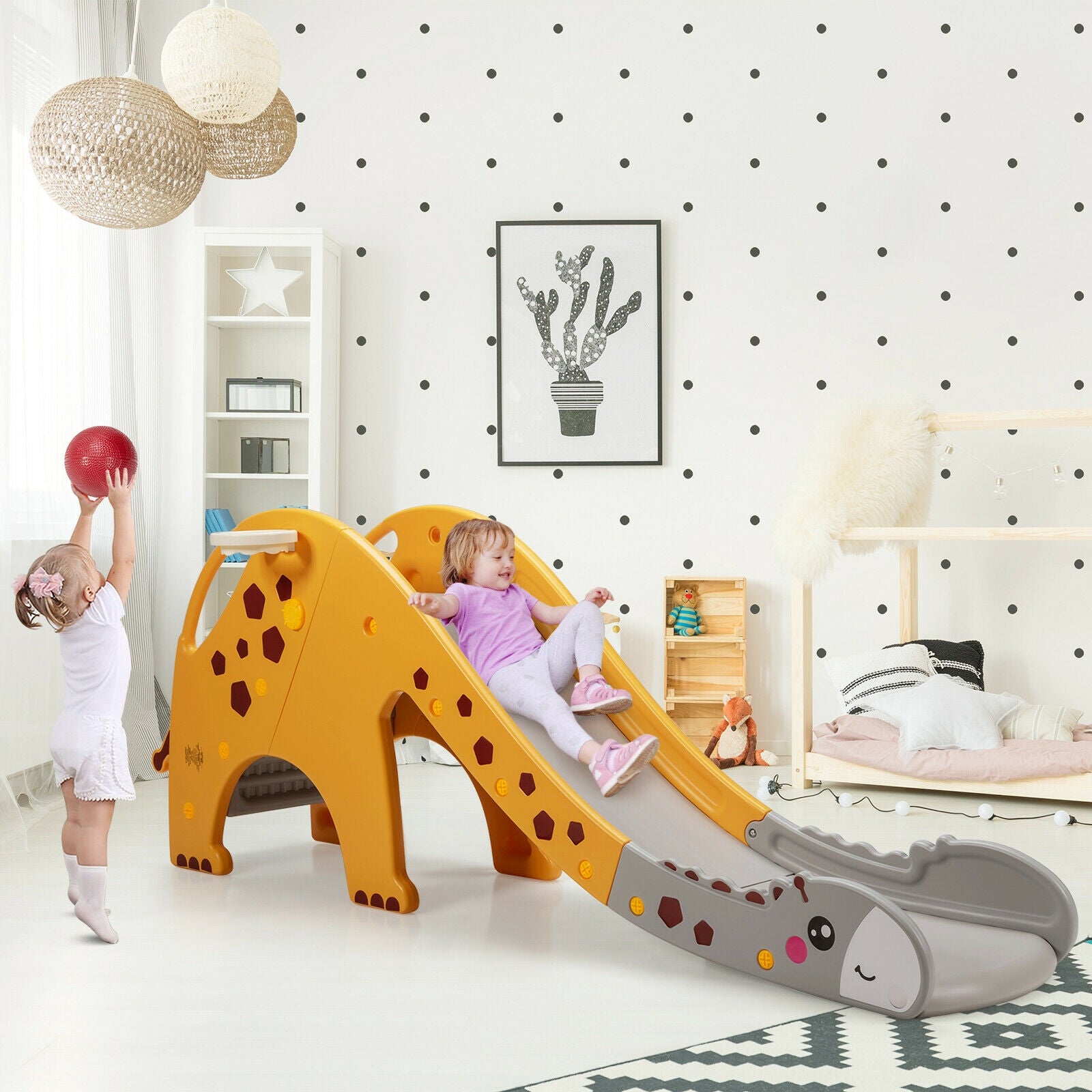 3-in-1 Kids Climber Slide Play Set with Basketball Hoop-YellowÂ