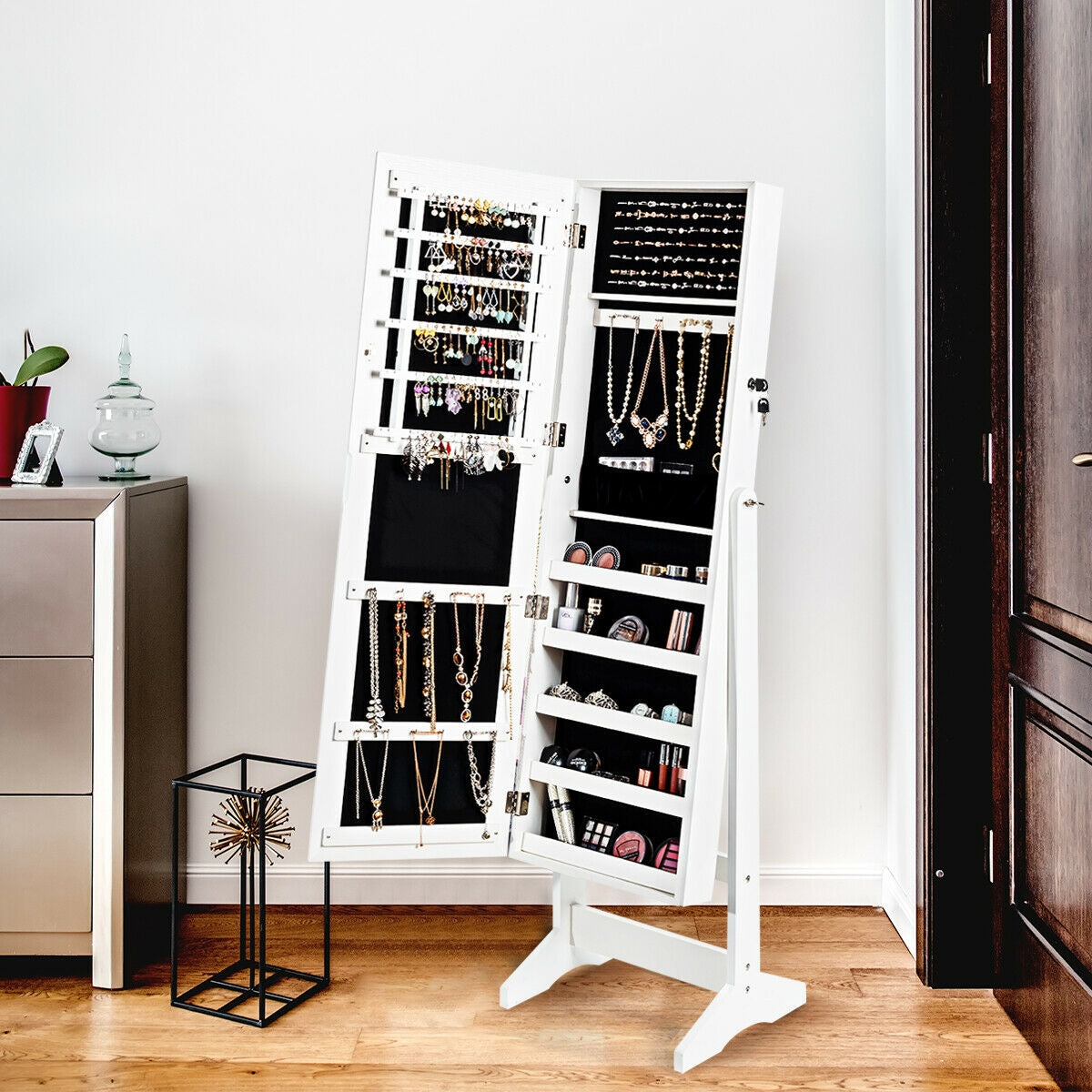 Jewelry Cabinet Stand Mirror Armoire with Large Storage Box-WhiteÂ