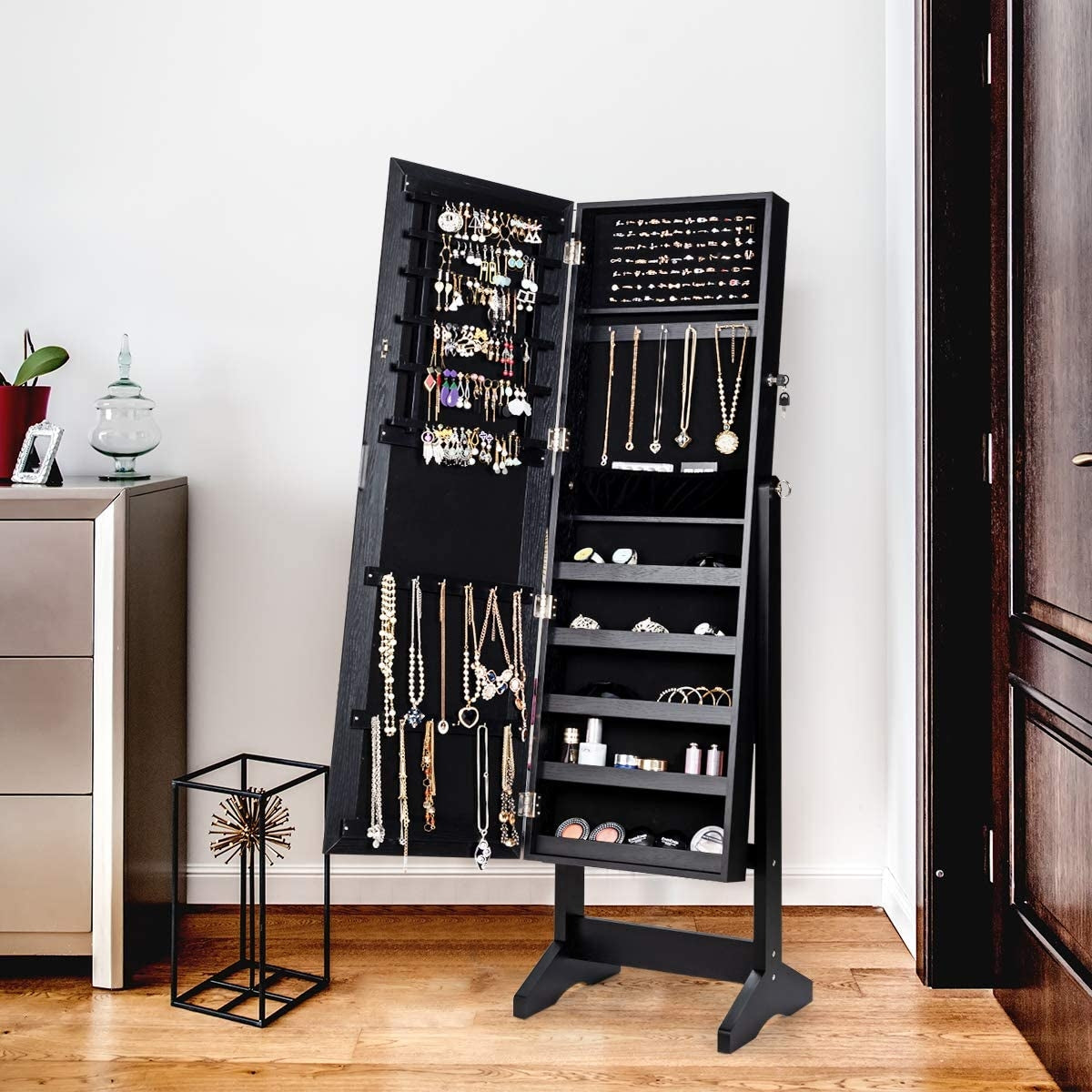 Jewelry Cabinet Stand Mirror Armoire with Large Storage Box-BlackÂ
