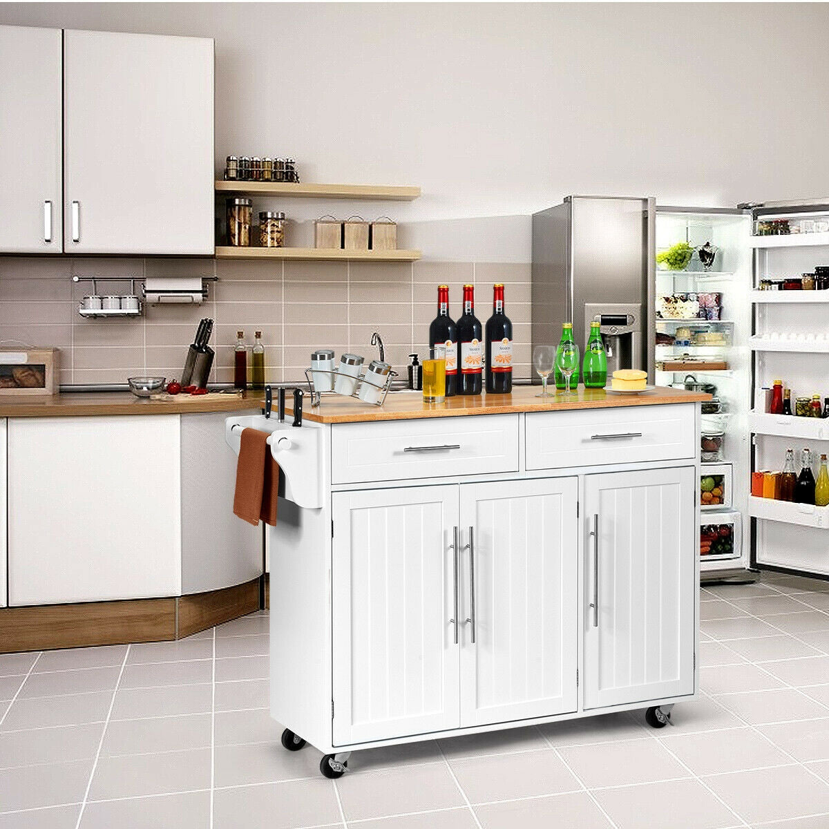Kitchen Island Trolley Cart Wood Top Rolling Storage Cabinet-WhiteÂ