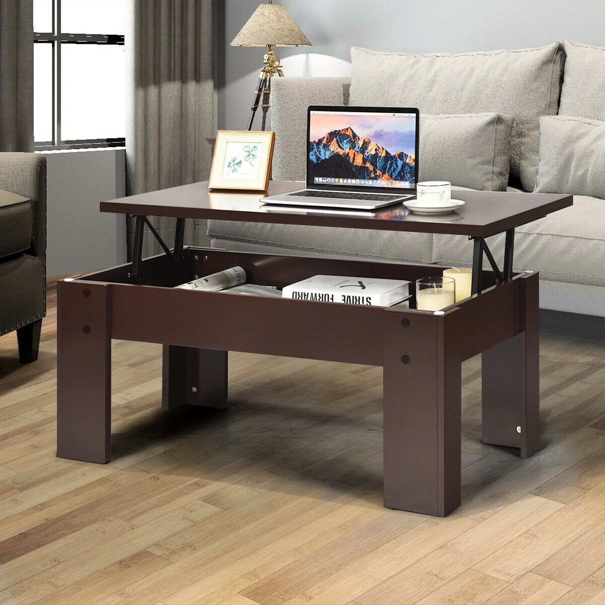 Lift Top Coffee Pop-UP Cocktail Table-BrownÂ