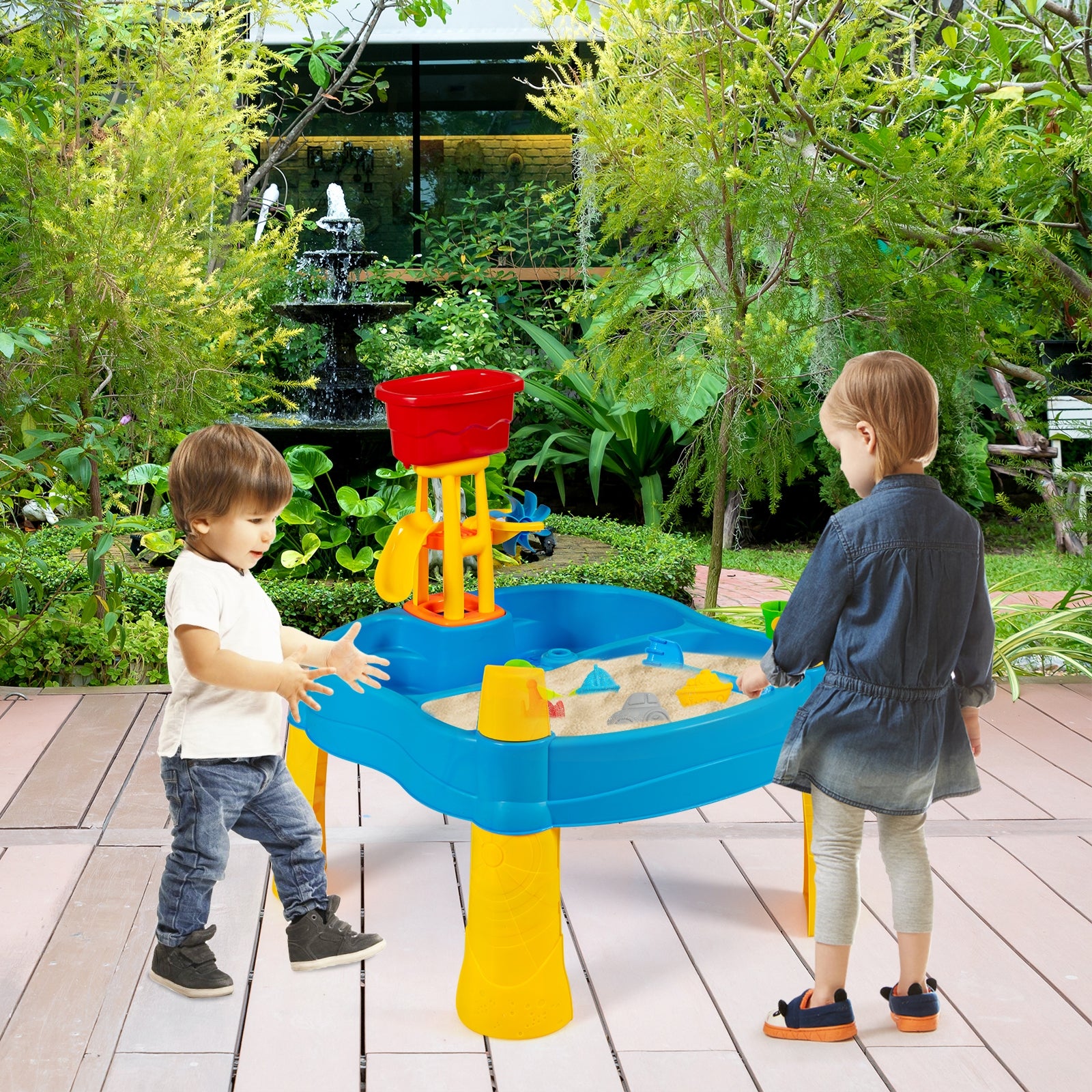 Kids Sand and Water Table for Toddlers with Umbrella and 18 Pieces Accessory SetÂ