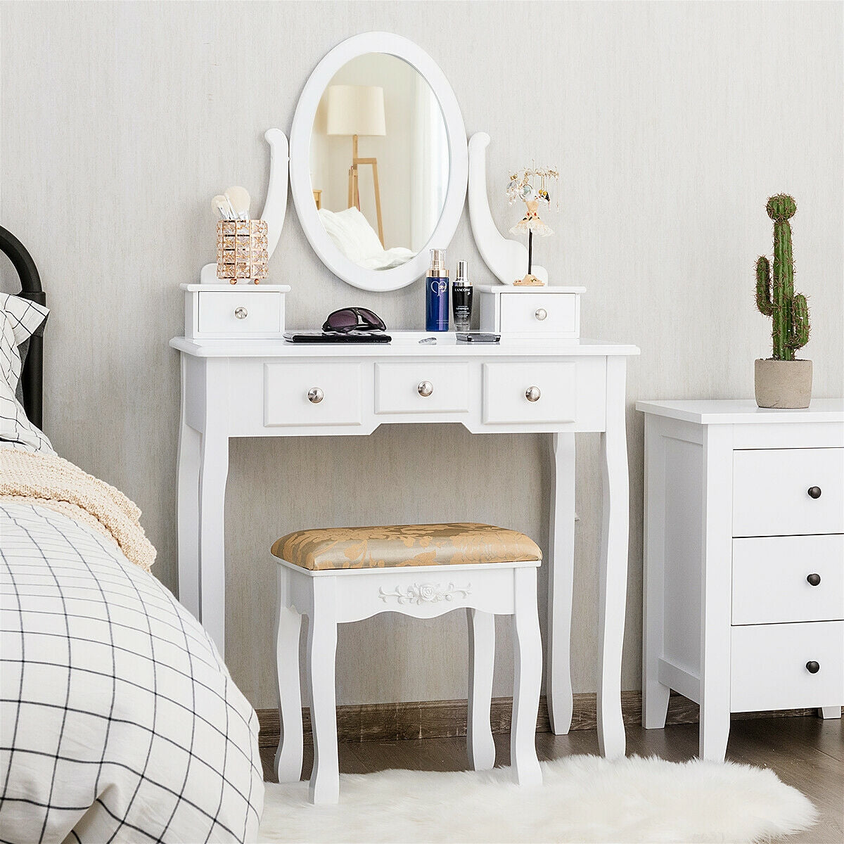 Vanity Make Up Table Set Dressing Table Set with 5 Drawers-WhiteÂ