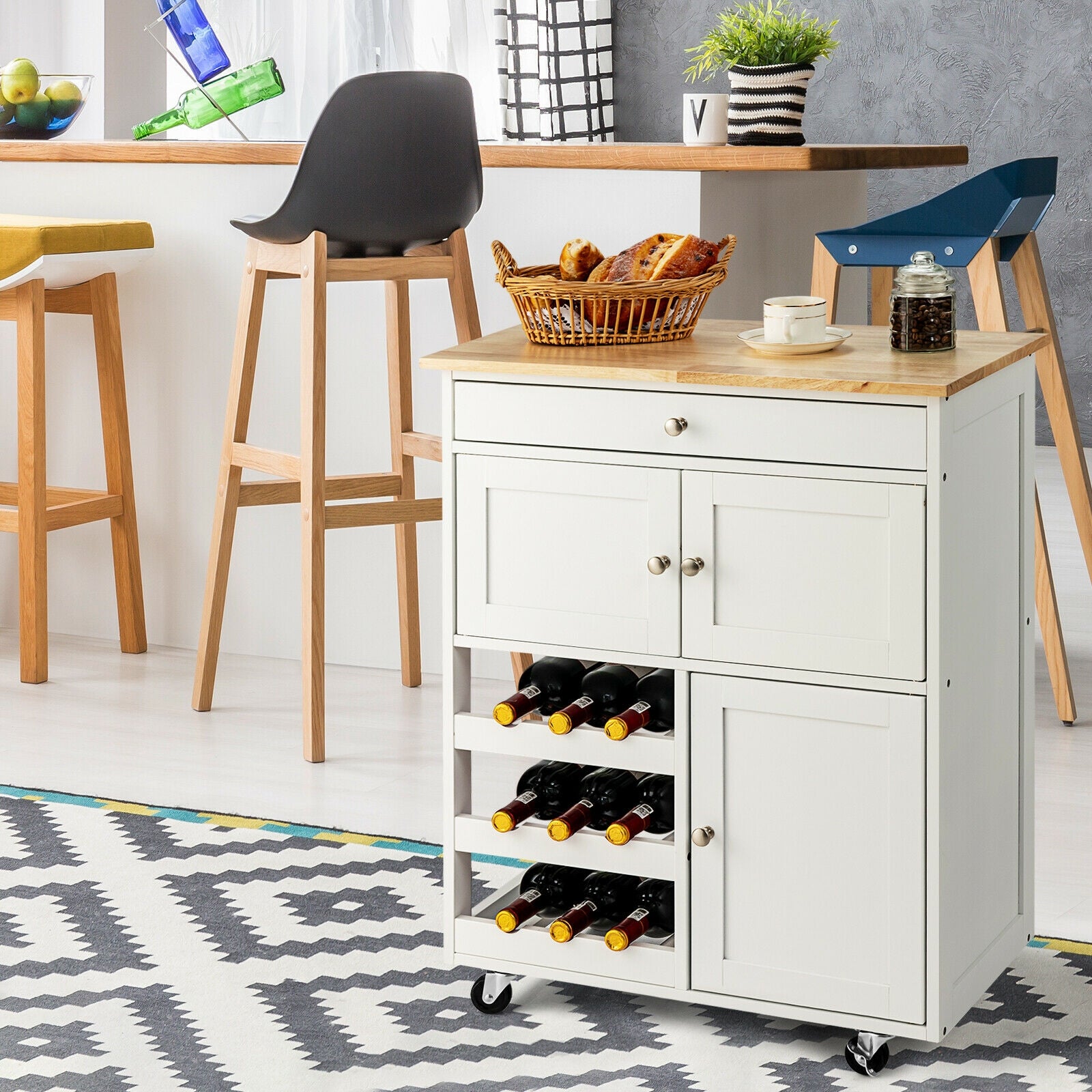 Kitchen Cart with Rubber Wood Top 3 Tier Wine Racks 2 Cabinets-WhiteÂ