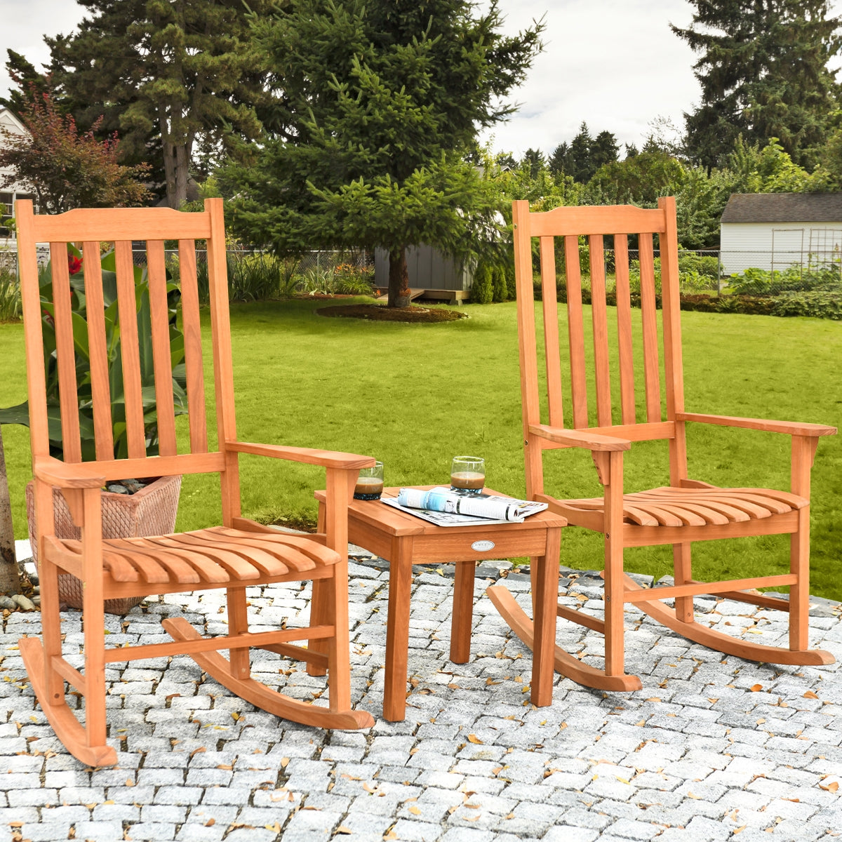 3 Pieces Eucalyptus Rocking Chair Set with Coffee TableÂ