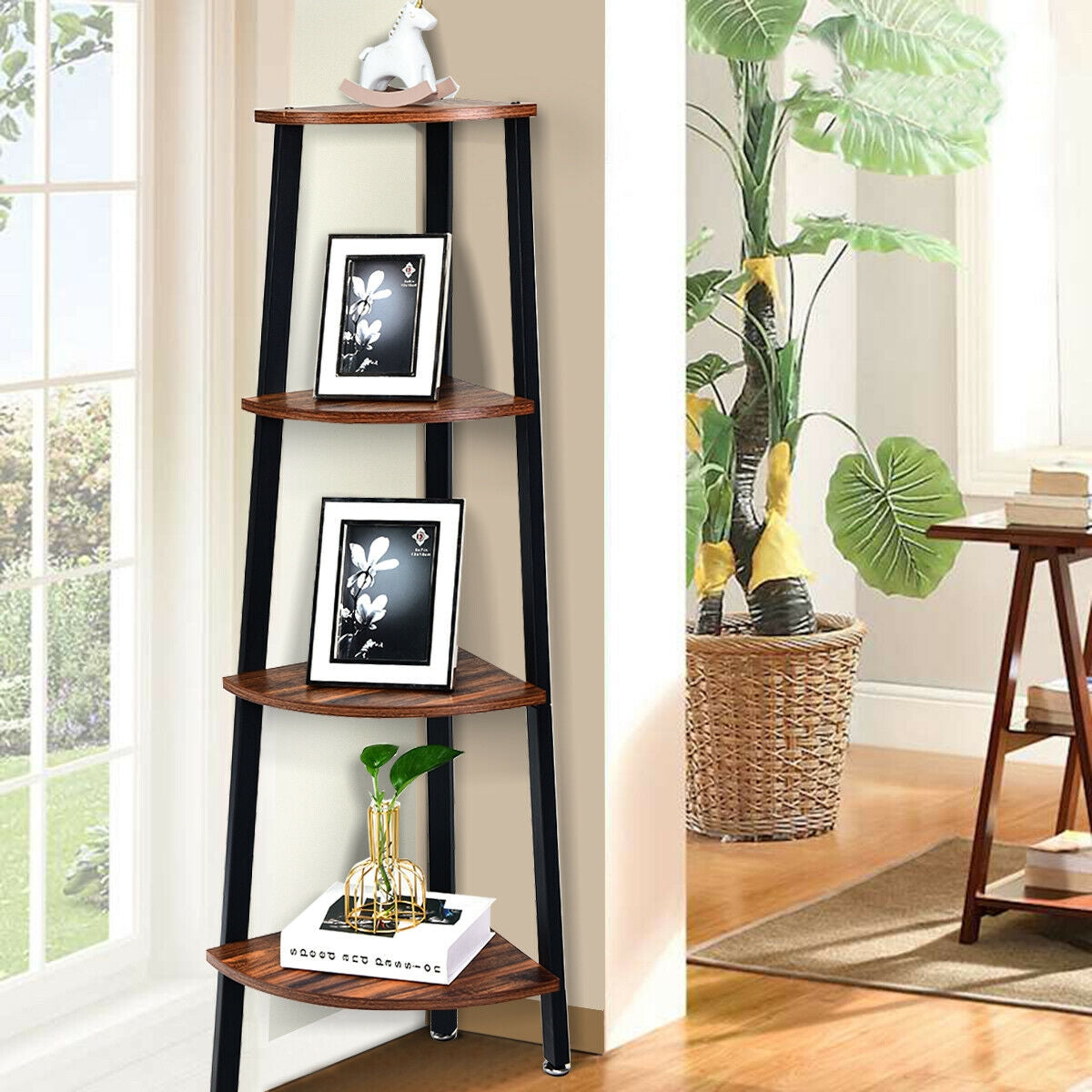 4-Tier Corner Shelf Metal Storage Rack Domestic Bookcase-BrownÂ