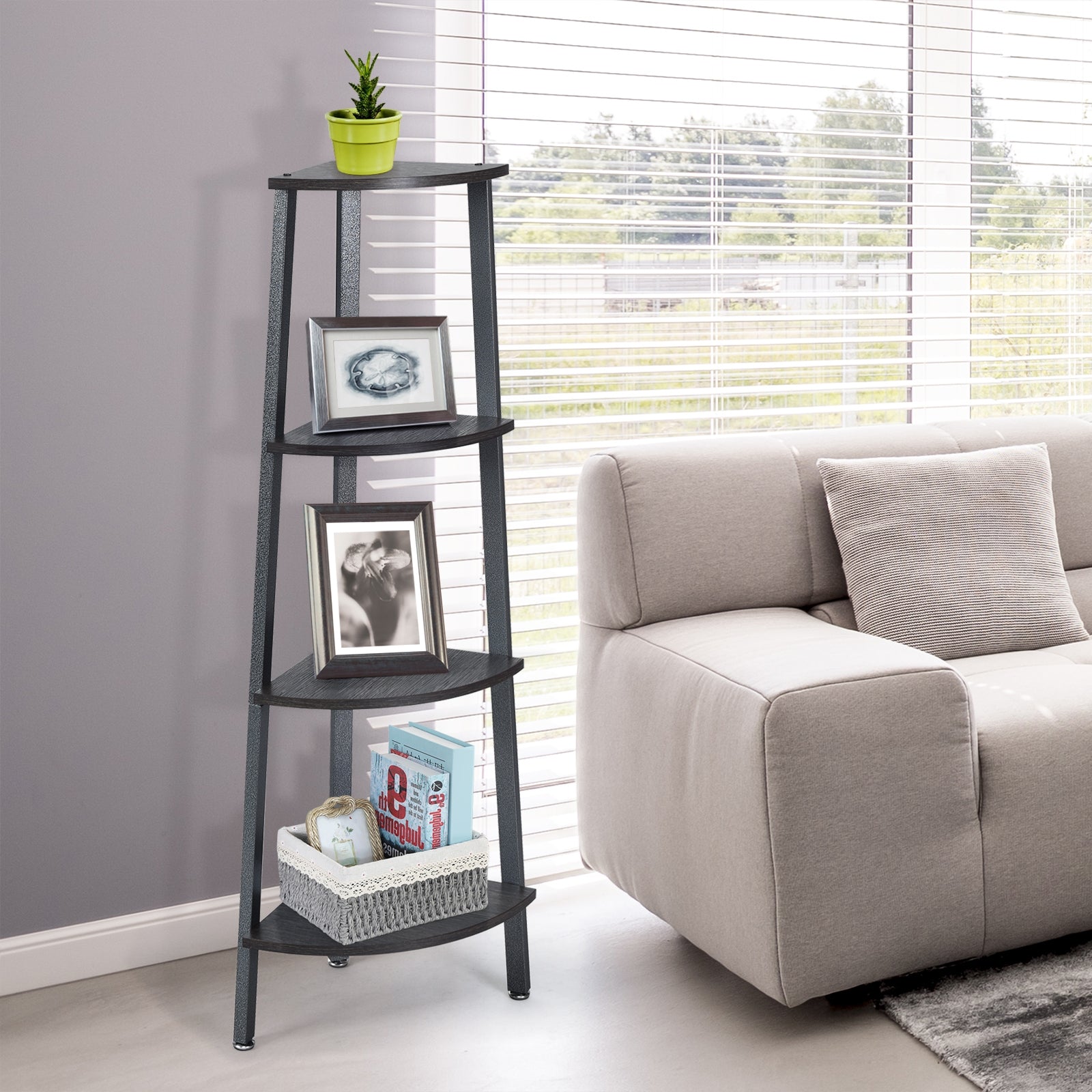 4-Tier Corner Shelf Metal Storage Rack Domestic Bookcase-BlackÂ
