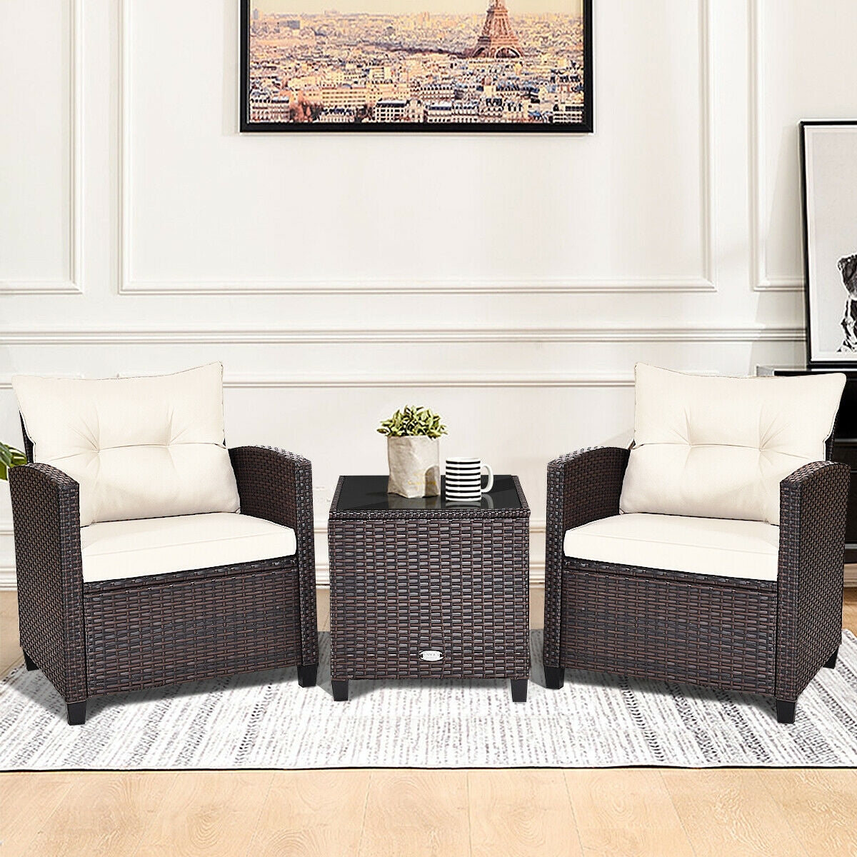 3 Pieces Cushioned Rattan Patio Conversation Set with Coffee Table-WhiteÂ