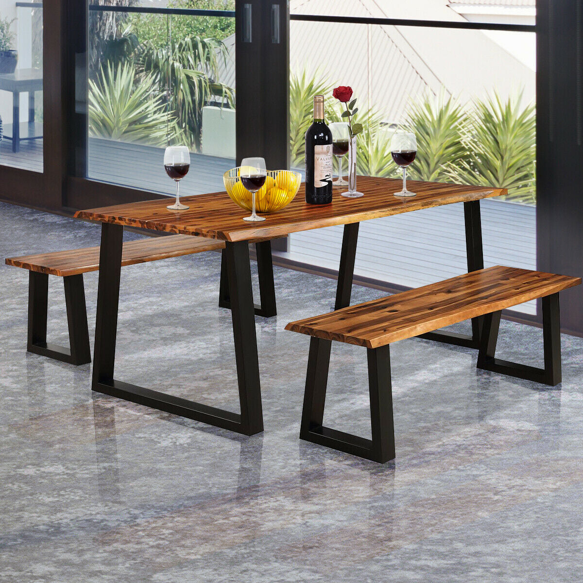 Solid Acacia Wood Patio Bench Dining Bench Seating ChairÂ