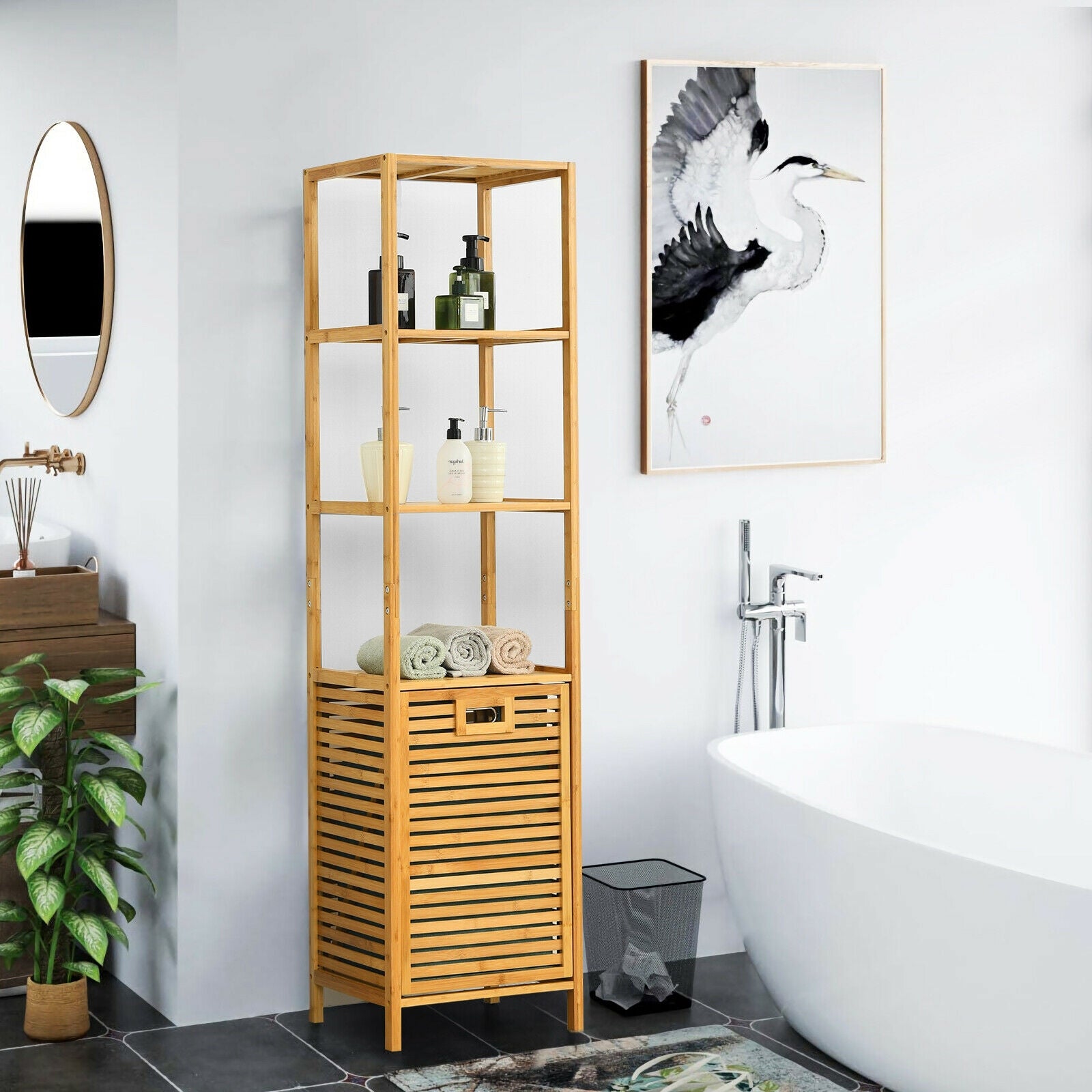 Bamboo Tower Hamper Organizer with 3-Tier Storage Shelves-NaturalÂ