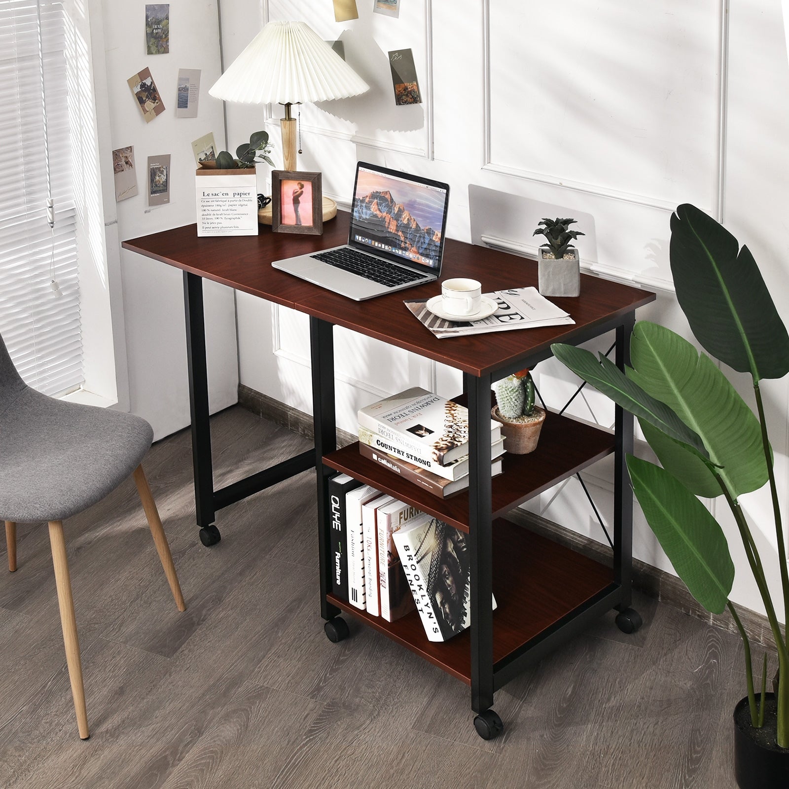 Rolling Folding Computer Desk with Storage ShelvesÂ