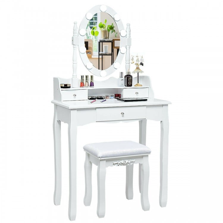 Oval Mirror Vanity Set with 10 LED Dimmable Bulbs and 3 Drawers-White