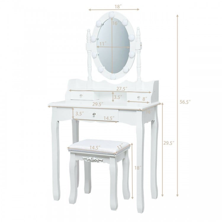 Oval Mirror Vanity Set with 10 LED Dimmable Bulbs and 3 Drawers-White