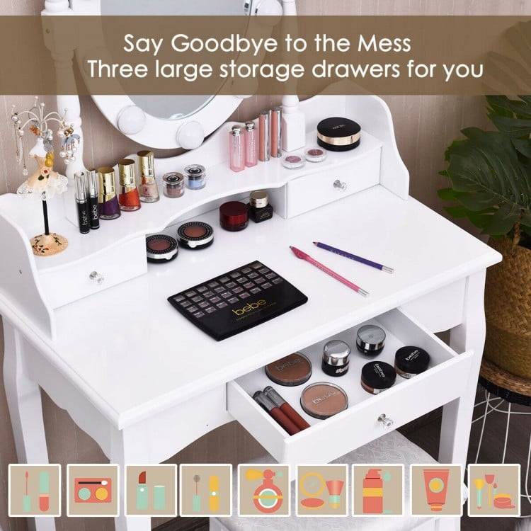 Oval Mirror Vanity Set with 10 LED Dimmable Bulbs and 3 Drawers-White