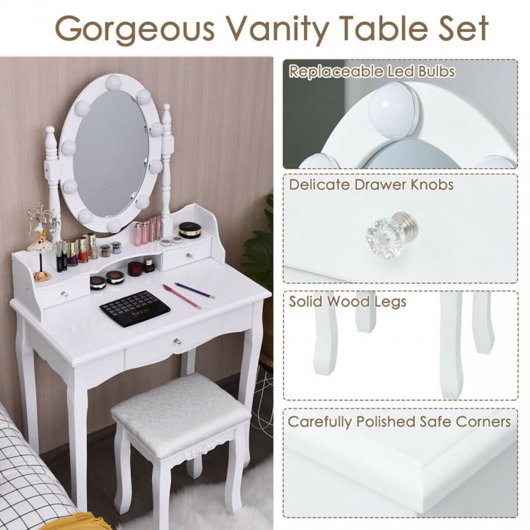 Oval Mirror Vanity Set with 10 LED Dimmable Bulbs and 3 Drawers-White