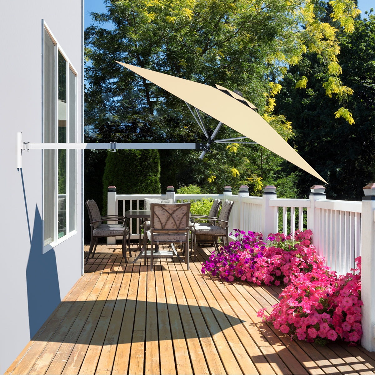 8ft Wall-Mounted Telescopic Folding Tilt Aluminum Sun Shade Umbrella-BeigeÂ