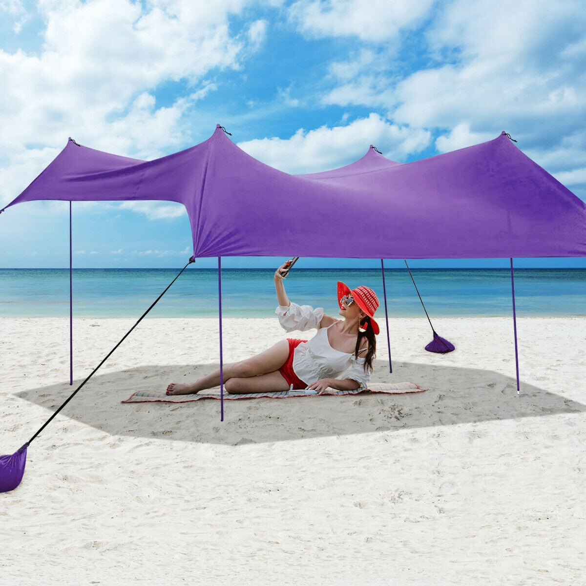 10 Foot Ride 9 Foot Family Beach Tent Canopy Sunshade with 4 Poles-PurpleÂ