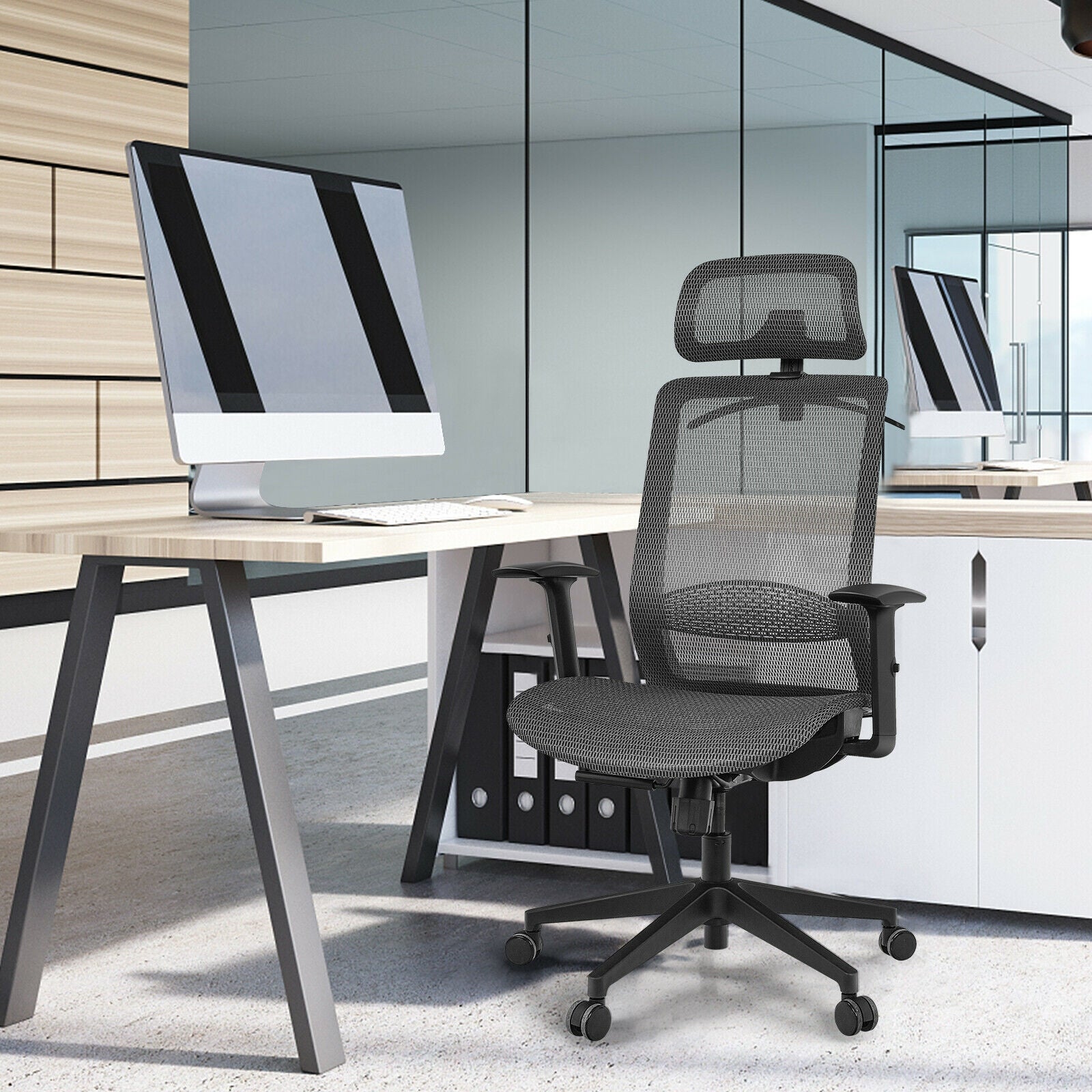 Height Adjustable Ergonomic High Back Mesh Office Chair with Hanger-GrayÂ