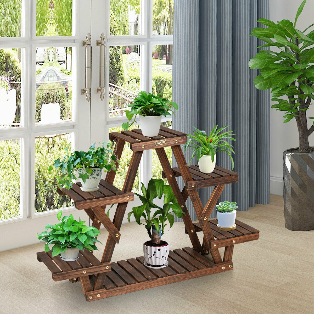 Wood Plant Stand Triangular Shelf 6 Pots Flower ShelfÂ