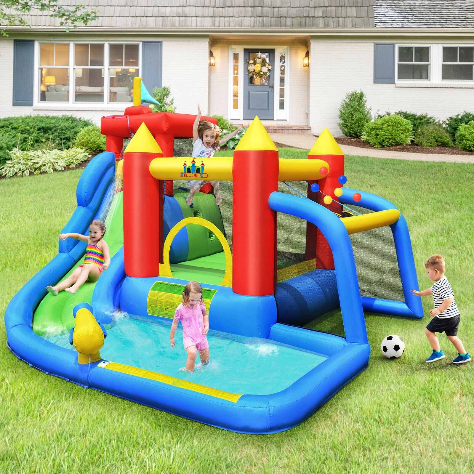 Inflatable Bouncer Bounce House with Water Slide Splash Pool without BlowerÂ