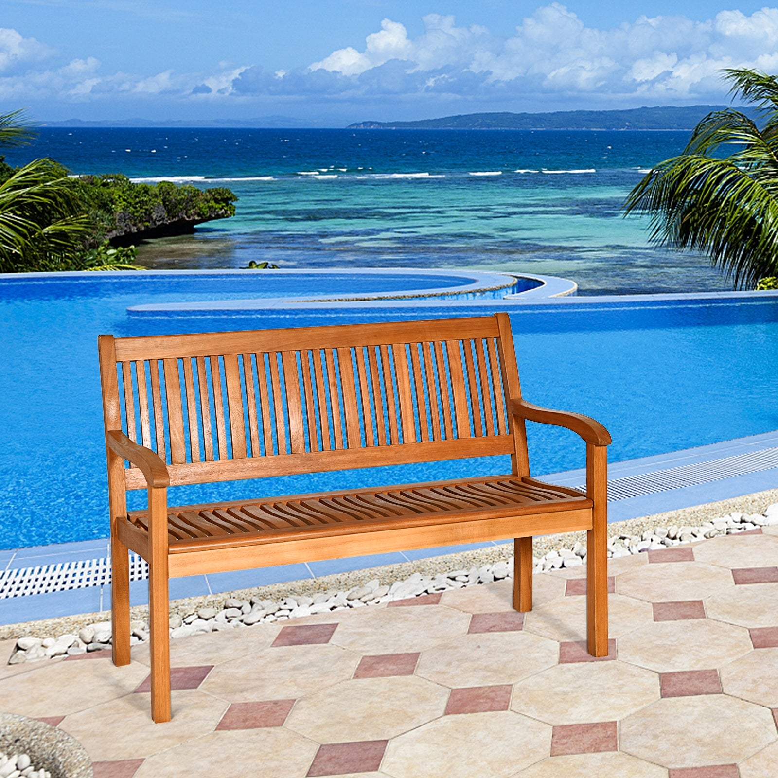 Two Person Solid Wood Garden Bench with Curved Backrest and Wide ArmrestÂ