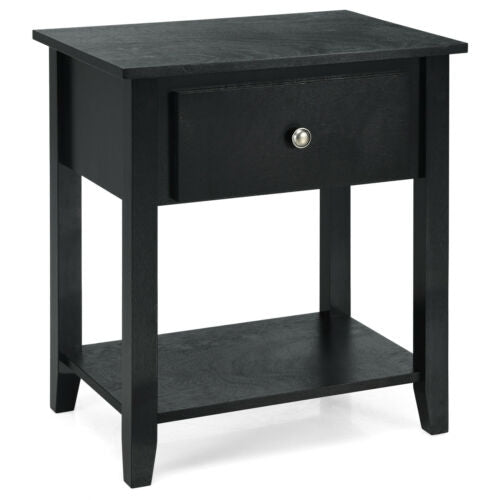 Nightstand with Drawer and Storage Shelf for Bedroom Living Room-BlackÂ