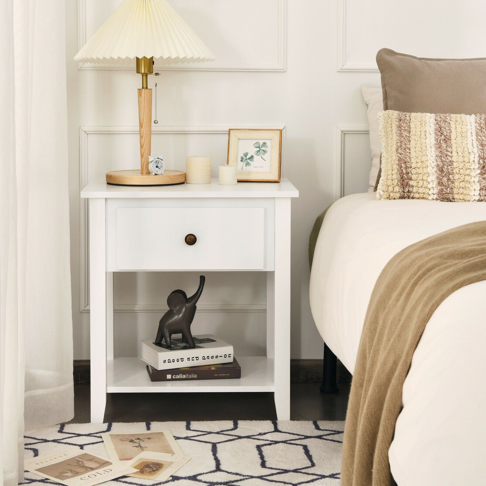 Nightstand with Drawer and Storage Shelf for Bedroom Living Room-WhiteÂ