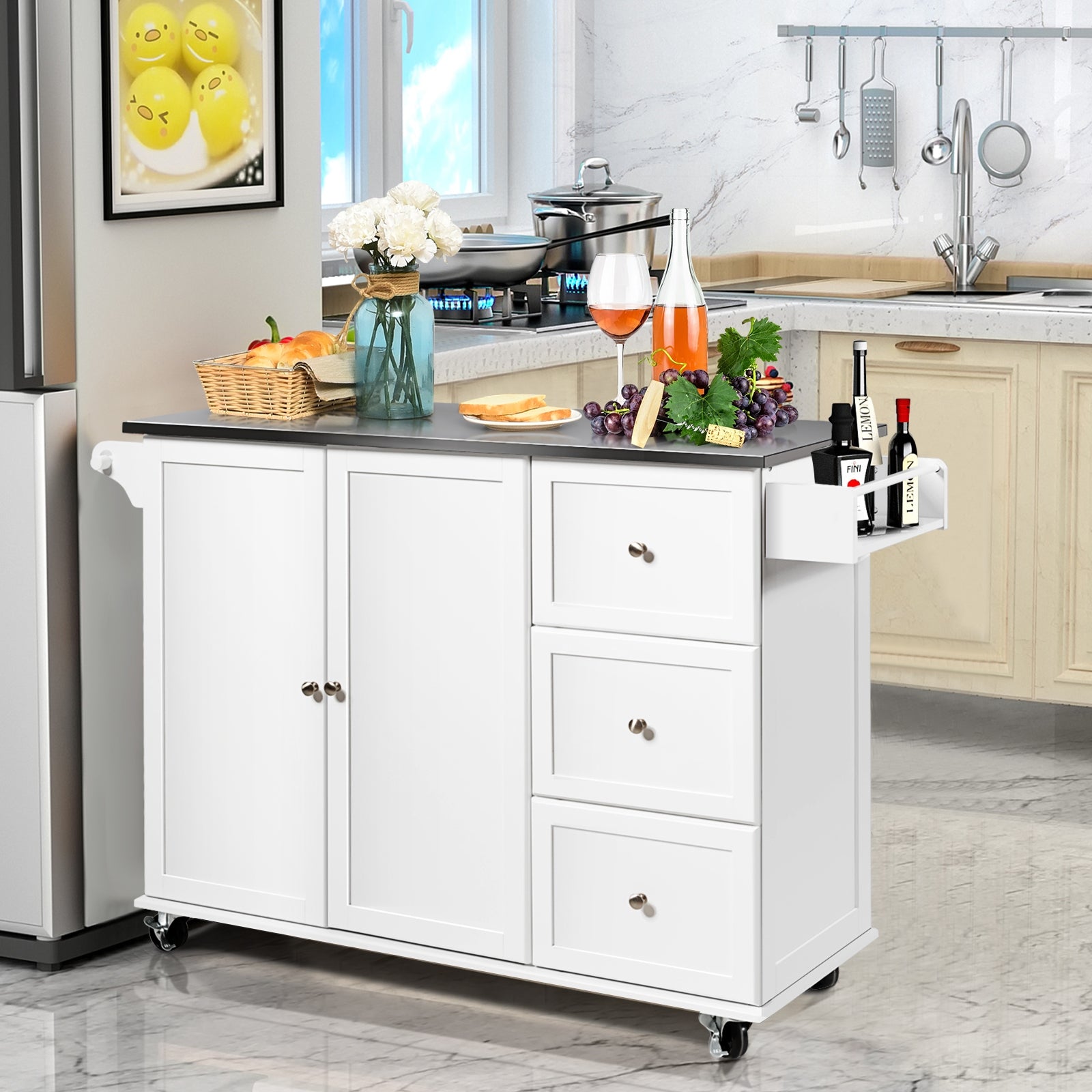 Kitchen Island 2-Door Storage Cabinet with Drawers and Stainless Steel Top-WhiteÂ