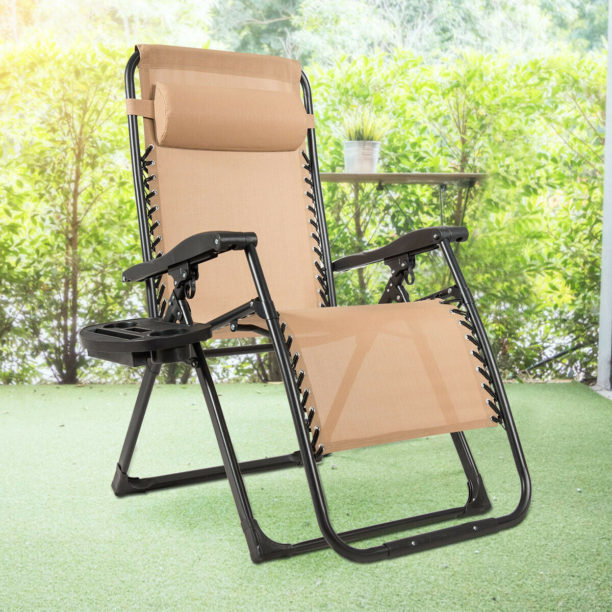 Oversize Lounge Chair with Cup Holder of Heavy Duty for outdoor-BeigeÂ