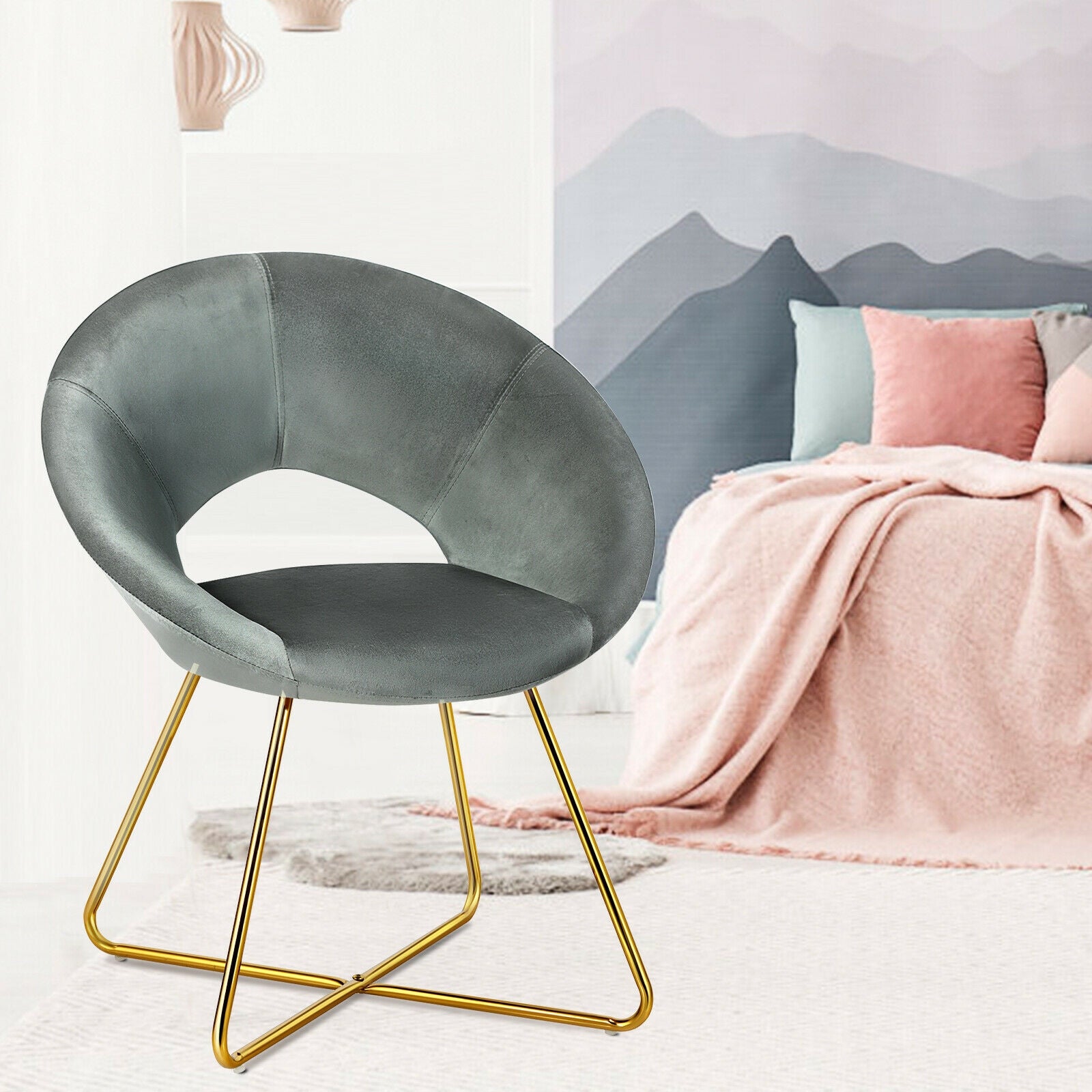 Set of 2 Accent Velvet Chairs Dining Chairs Arm Chair with Golden Legs-GrayÂ