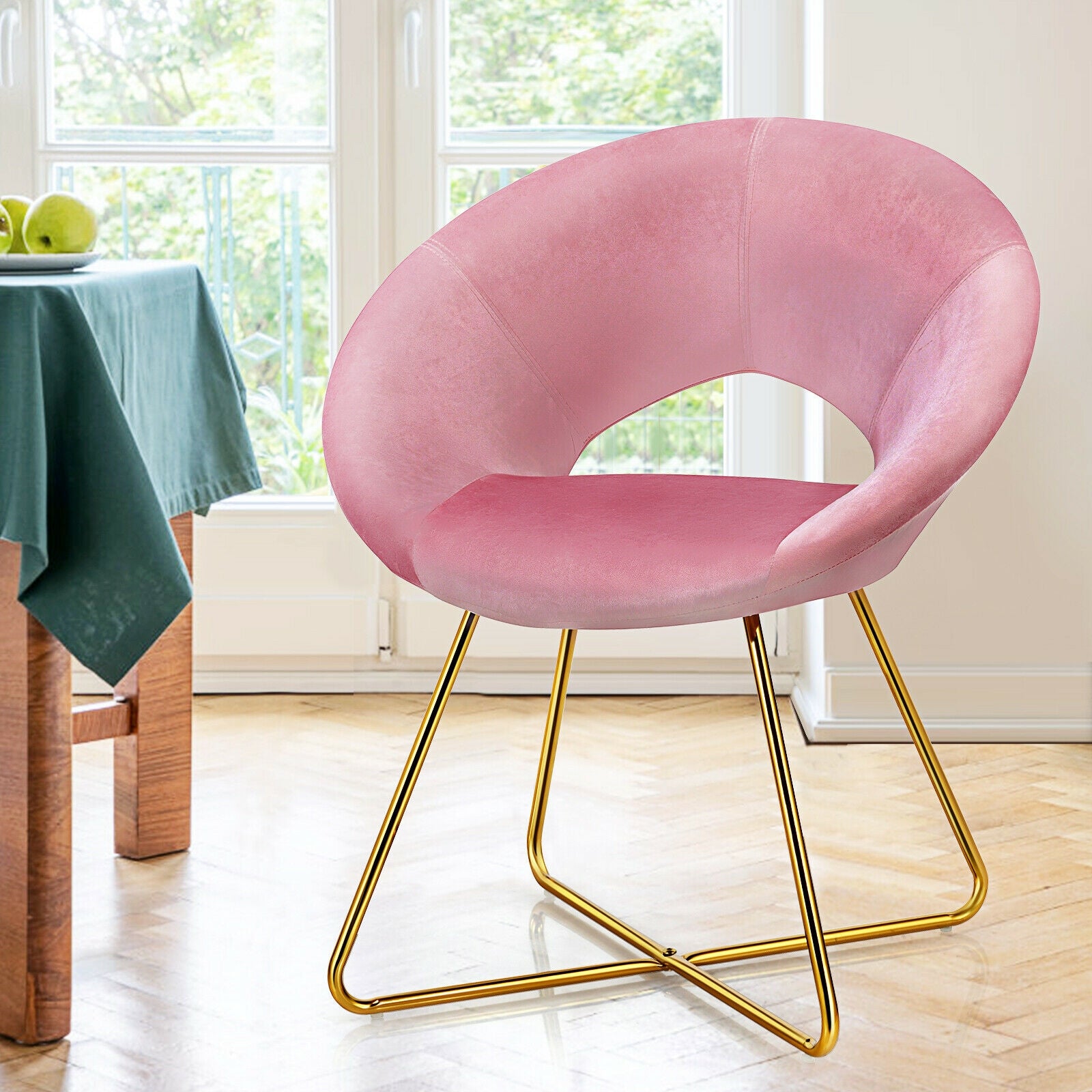 Modern Accent Velvet Dining Arm Chair with Golden Metal Legs and Soft Cushion-PinkÂ
