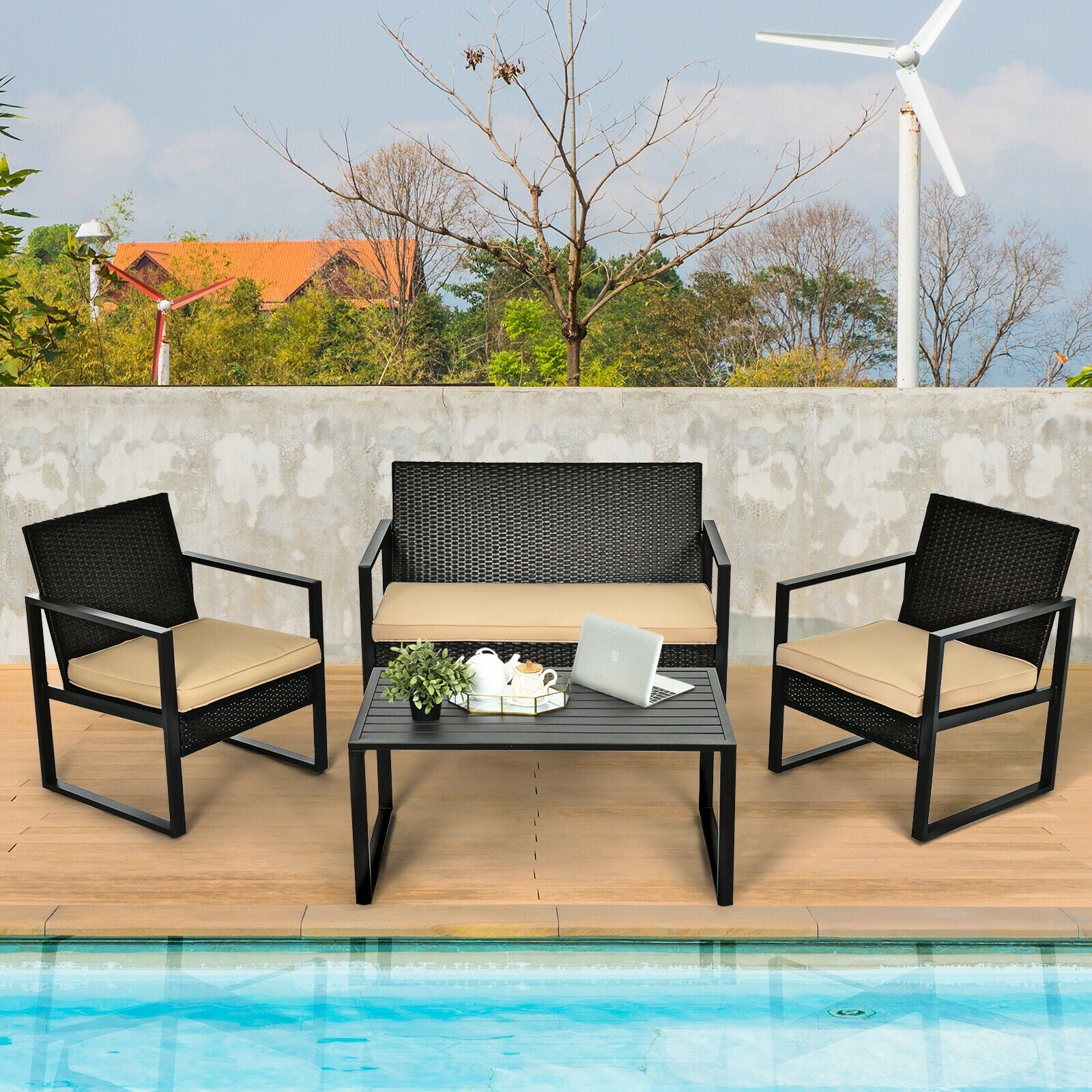 4 Pieces Patio Rattan Furniture Set Cushioned Sofa Coffee Table Garden DeckÂ