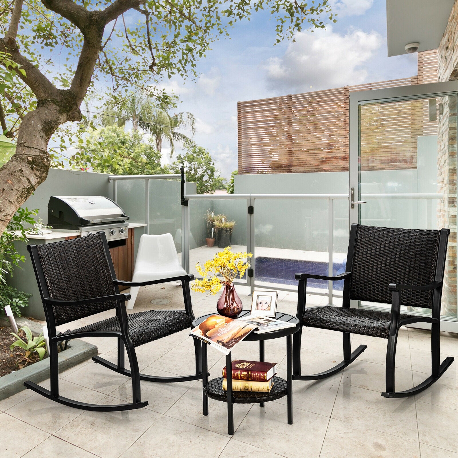 3 Pieces Patio Rattan Furniture Set with Coffee Table and Rocking ChairsÂ