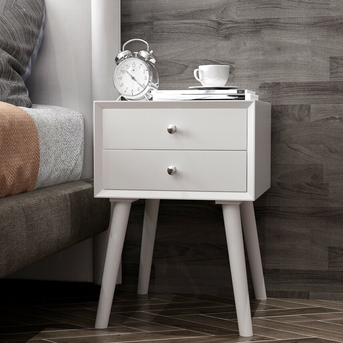 Wooden Nightstand Mid-Century End Side Table with 2 Storage Drawers-WhiteÂ