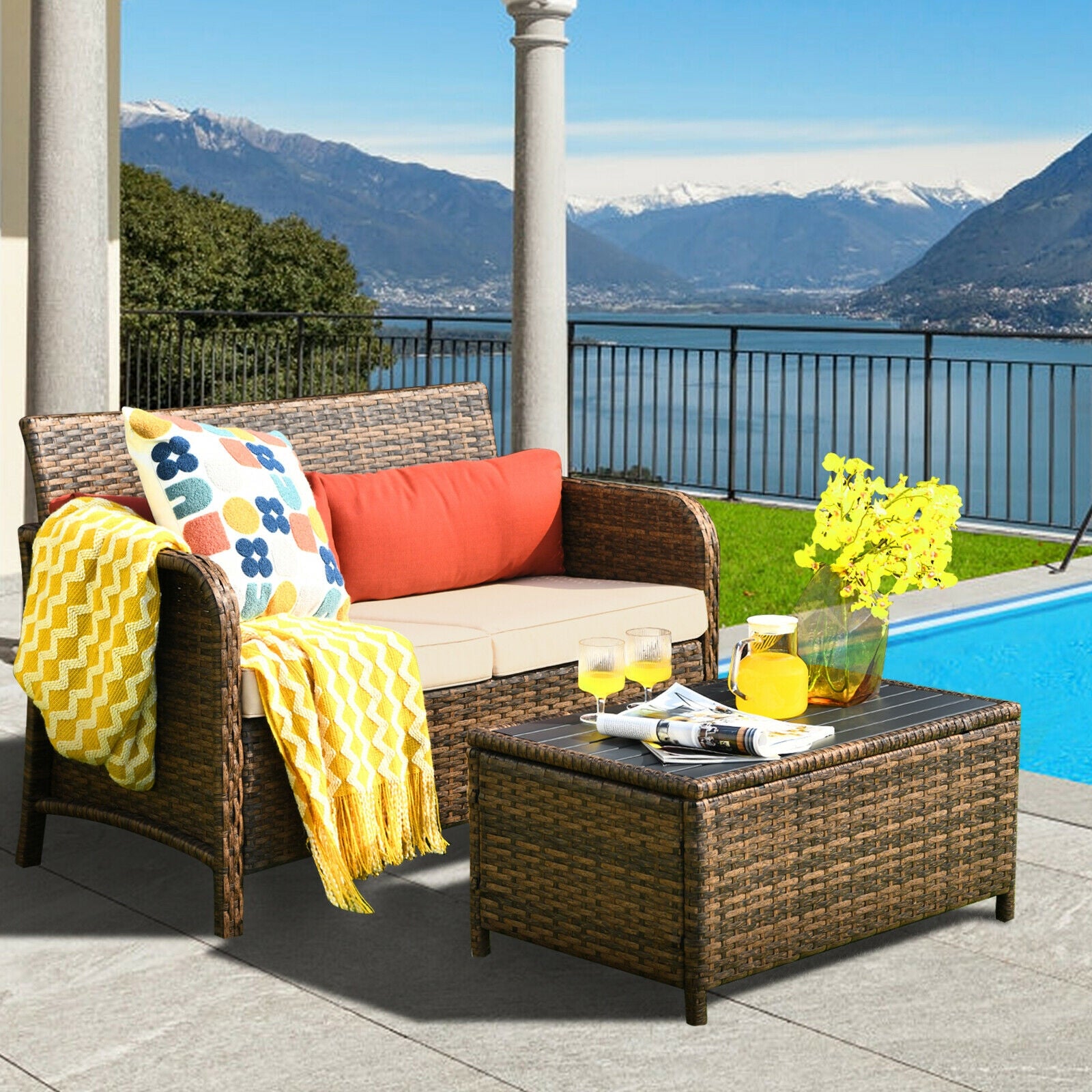 2 Pieces Cushioned Patio Rattan Furniture SetÂ