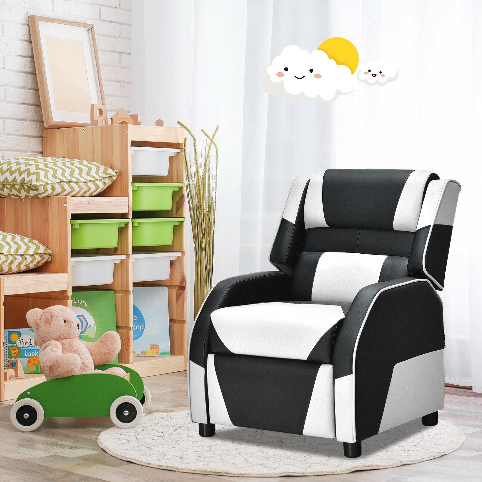 Kids Youth PU Leather Gaming Sofa Recliner with Headrest and Footrest-WhiteÂ