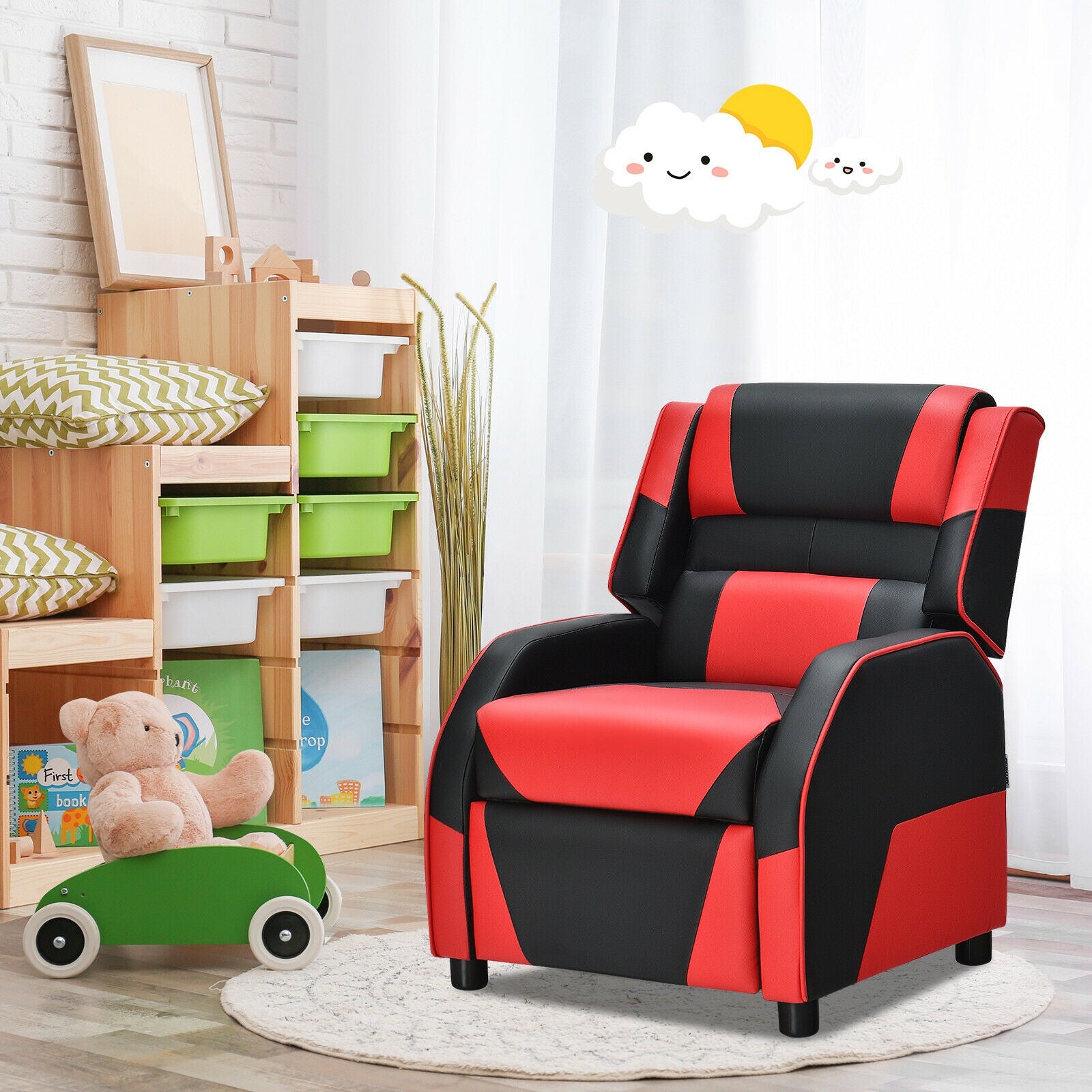 Kids Youth PU Leather Gaming Sofa Recliner with Headrest and Footrest-RedÂ