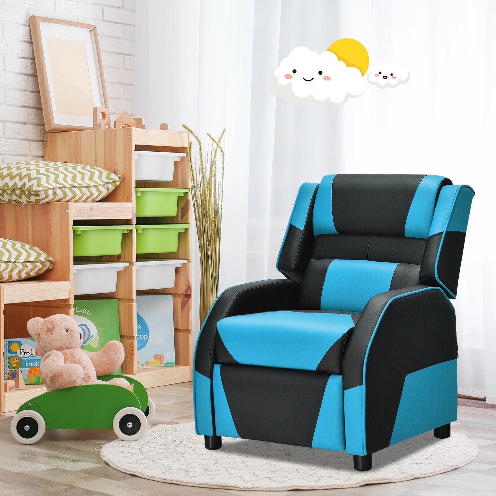 Kids Youth PU Leather Gaming Sofa Recliner with Headrest and Footrest-BlueÂ