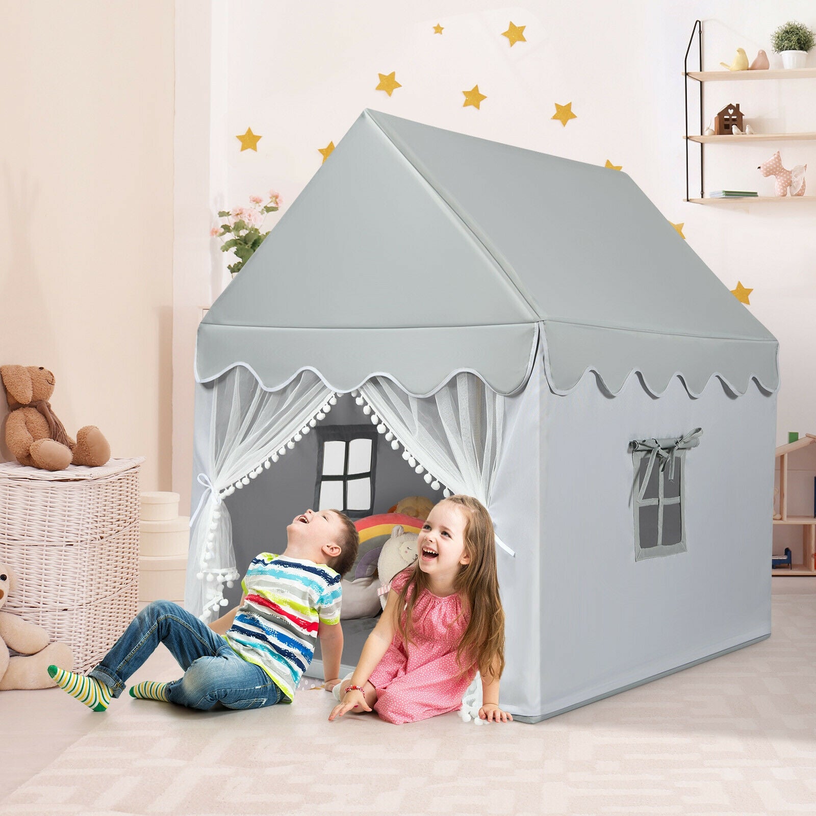 Kids Large Play Castle Fairy Tent with Mat-GrayÂ