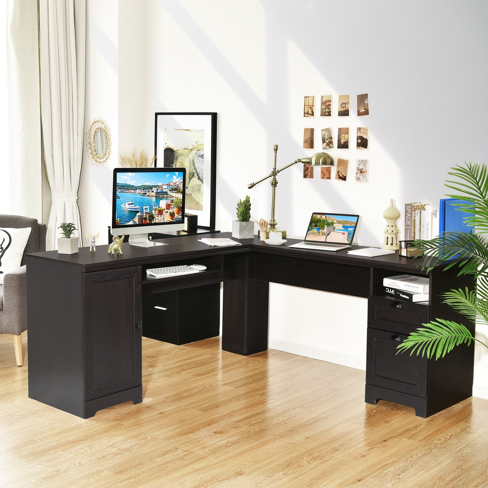 66 Inch L-Shaped Writing Study Workstation Computer Desk with Drawers-CoffeeÂ
