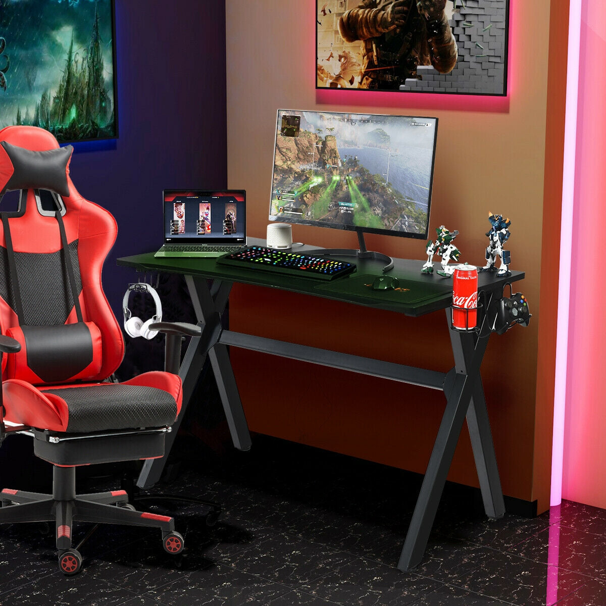 Ergonomic Gaming Desk with Mousepad and Cup Headphone HolderÂ