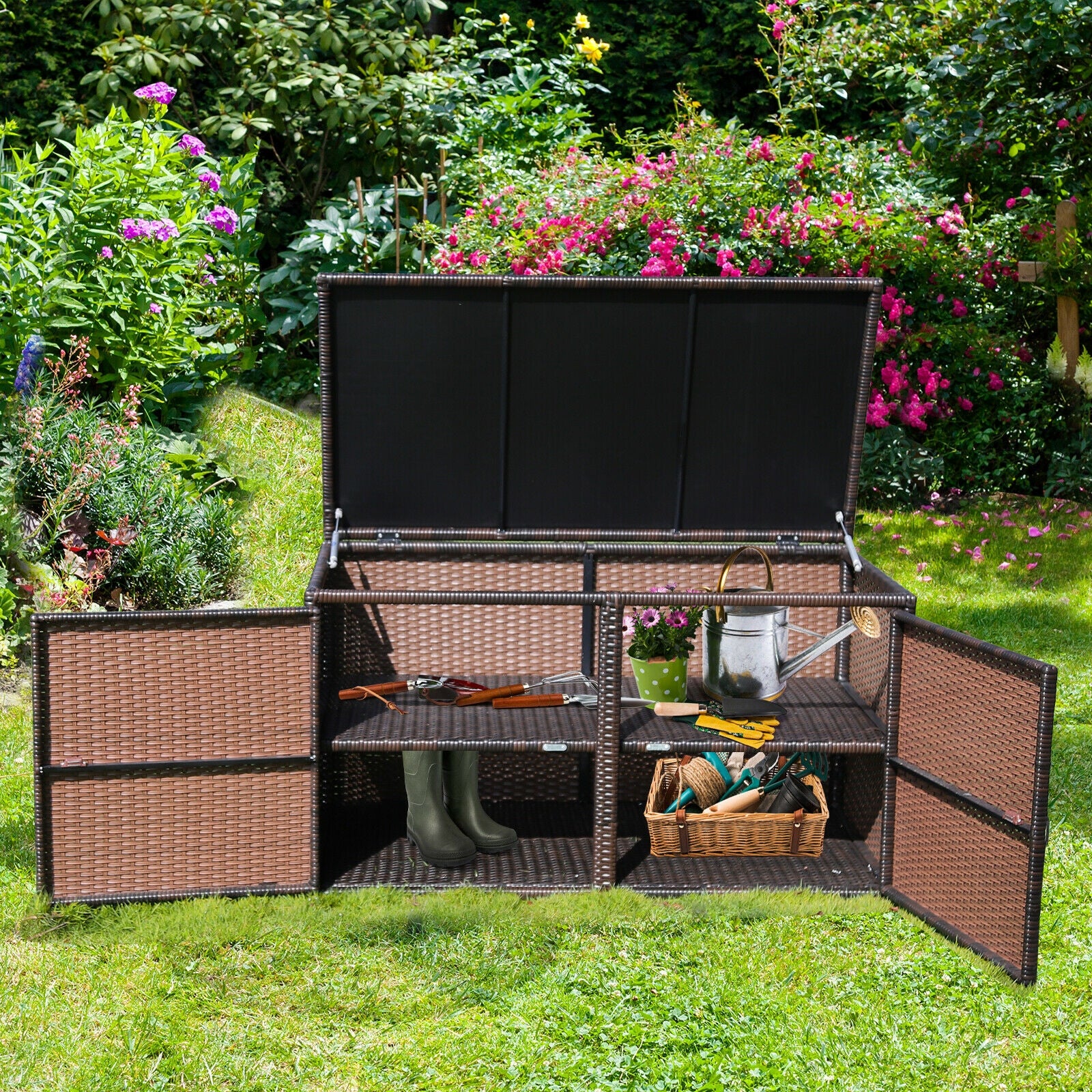 88 Gallon Garden Patio Rattan Storage Container Box-BrownÂ