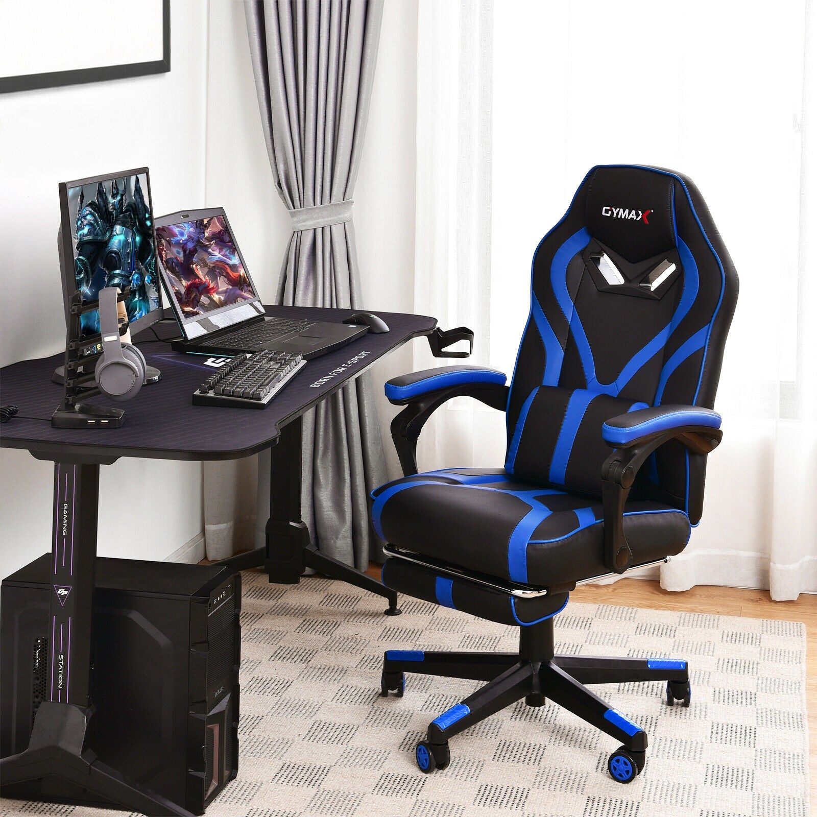 Computer Massage Gaming Recliner Chair with Footrest-BlueÂ
