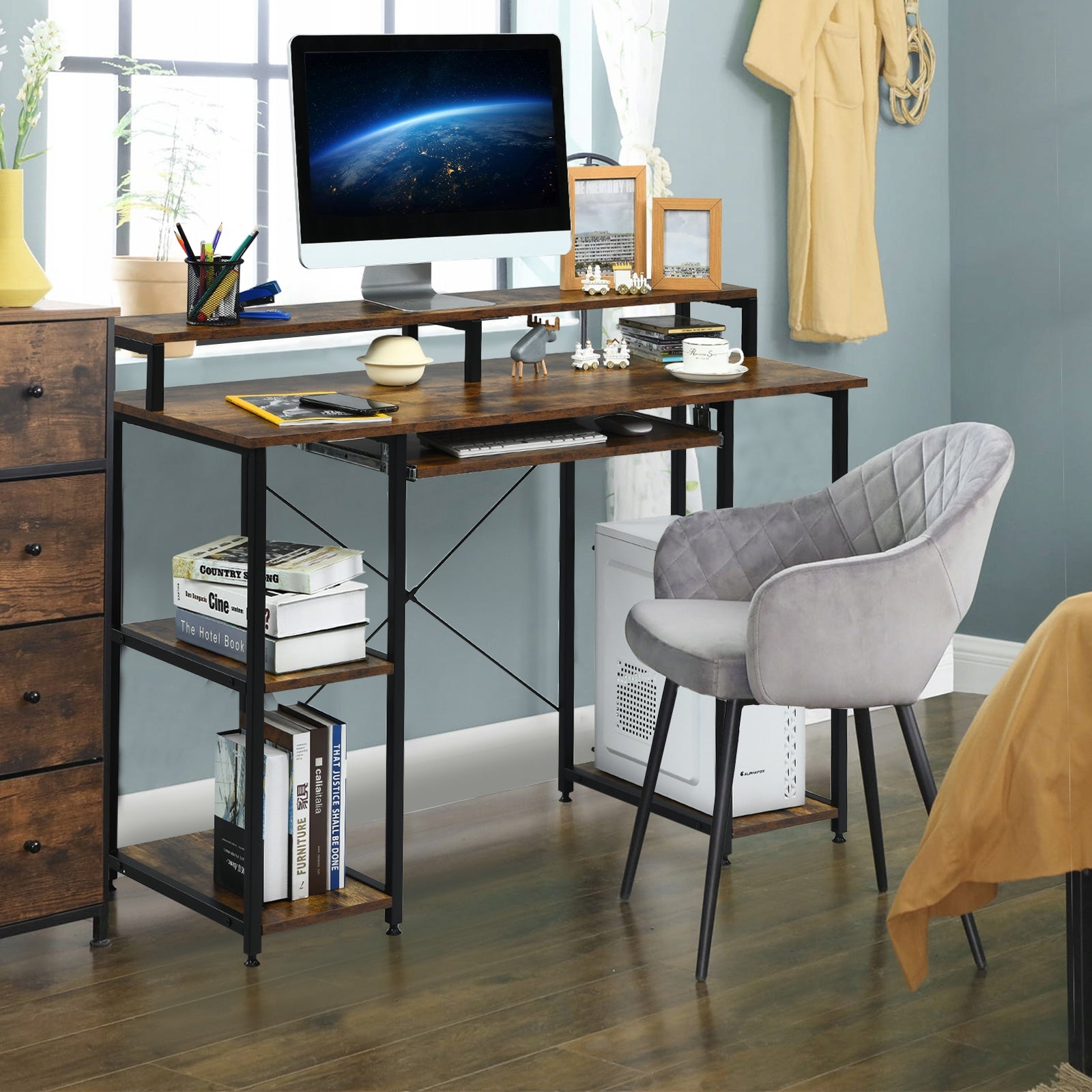 47 Inches Computer Desk Writing Study Table with Keyboard Tray and Monitor StandÂ