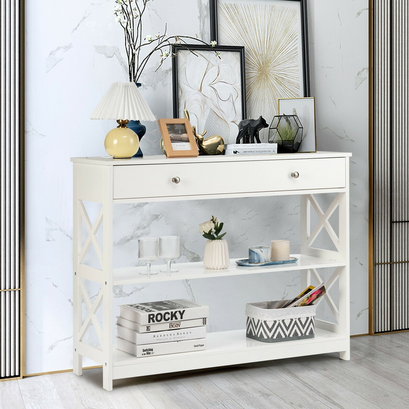 3-Tier Console Table with Drawers for Living Room Entryway-WhiteÂ