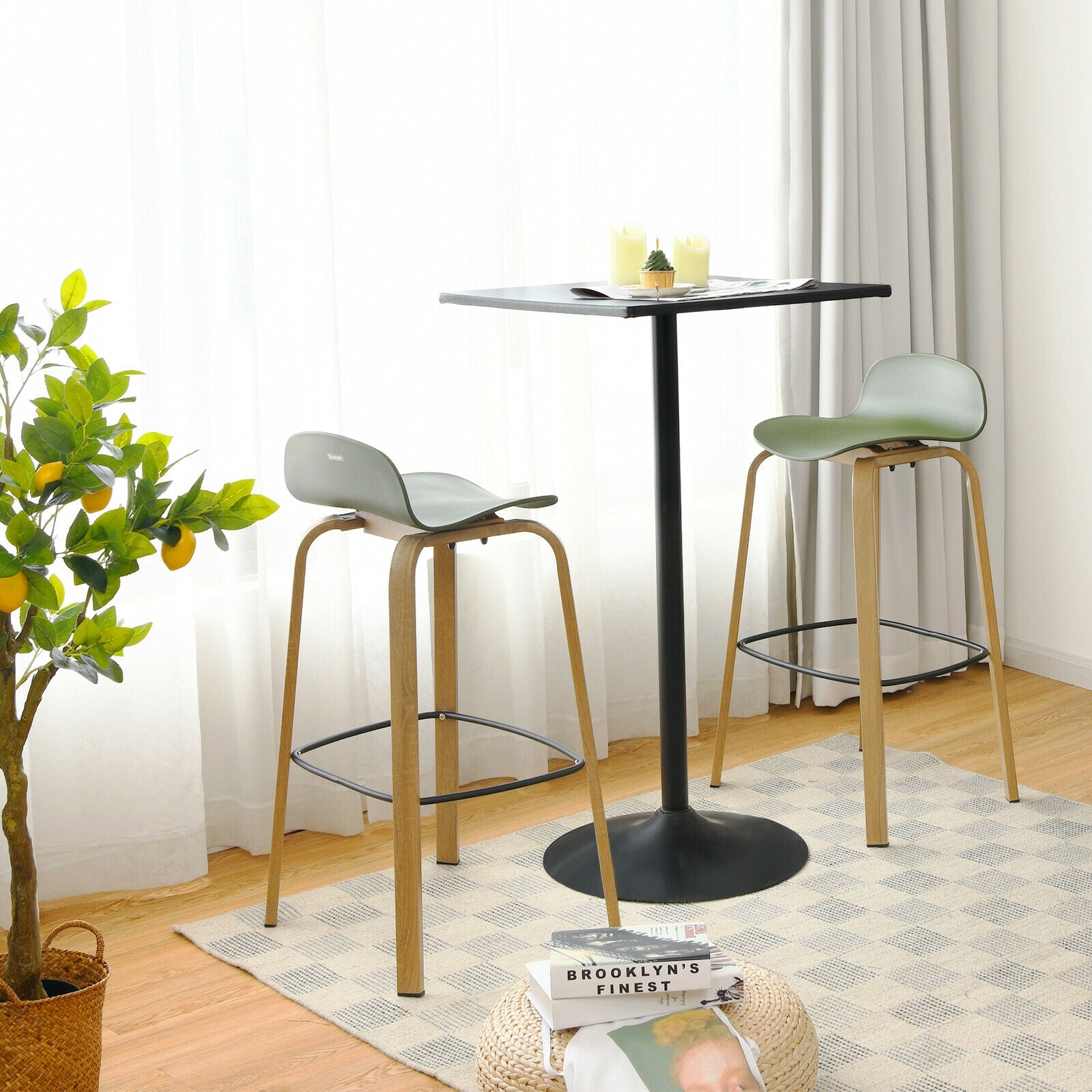 Set of 2 Modern Barstools Pub Chairs with Low Back and Metal Legs-GreenÂ